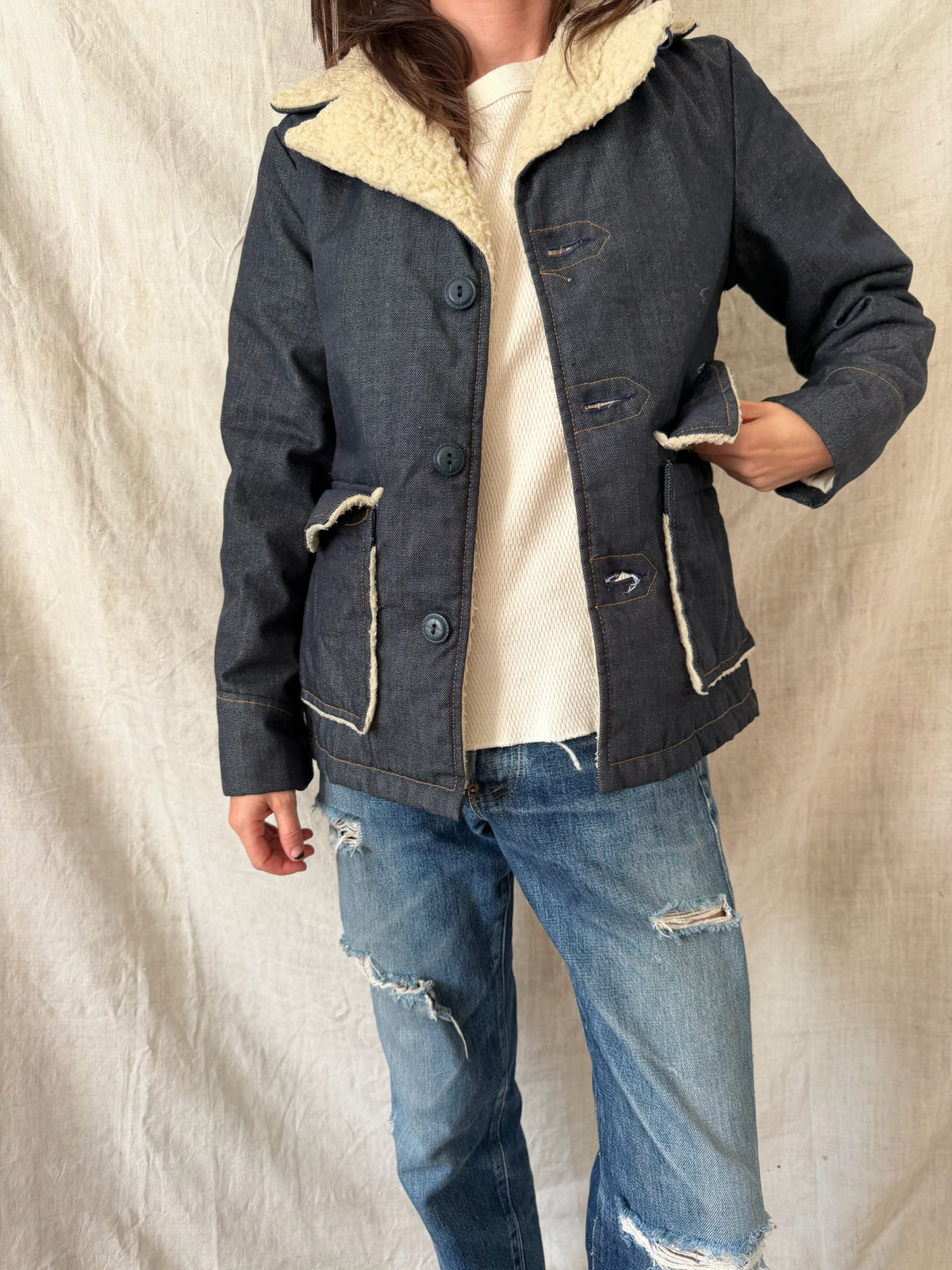 Faux Shearling Dark Denim Jacket