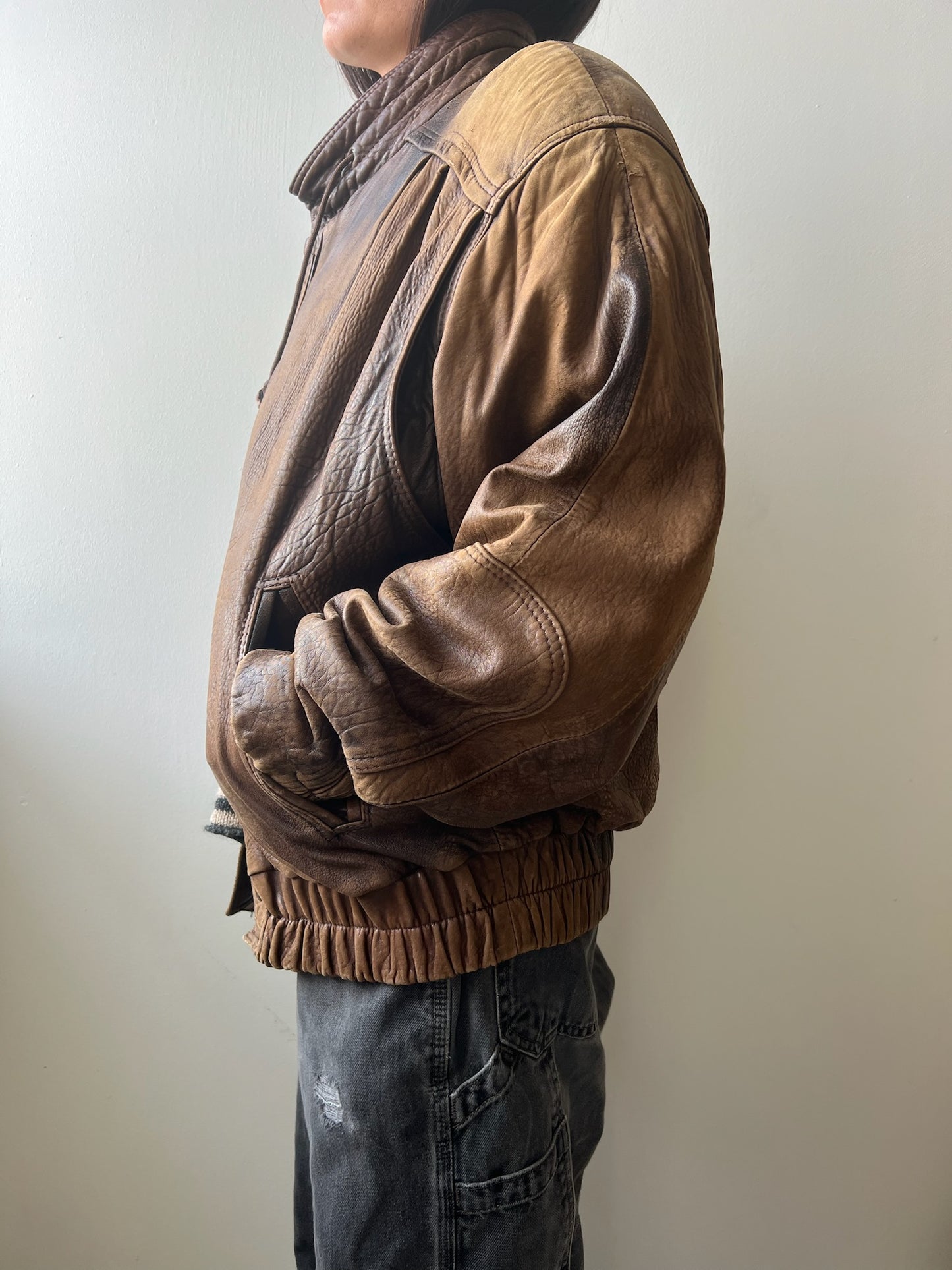 80s Faded Brown Leather Bomber Jacket