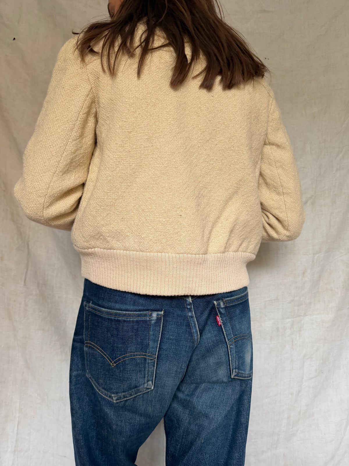 Cream Wool Knit Bomber Jacket