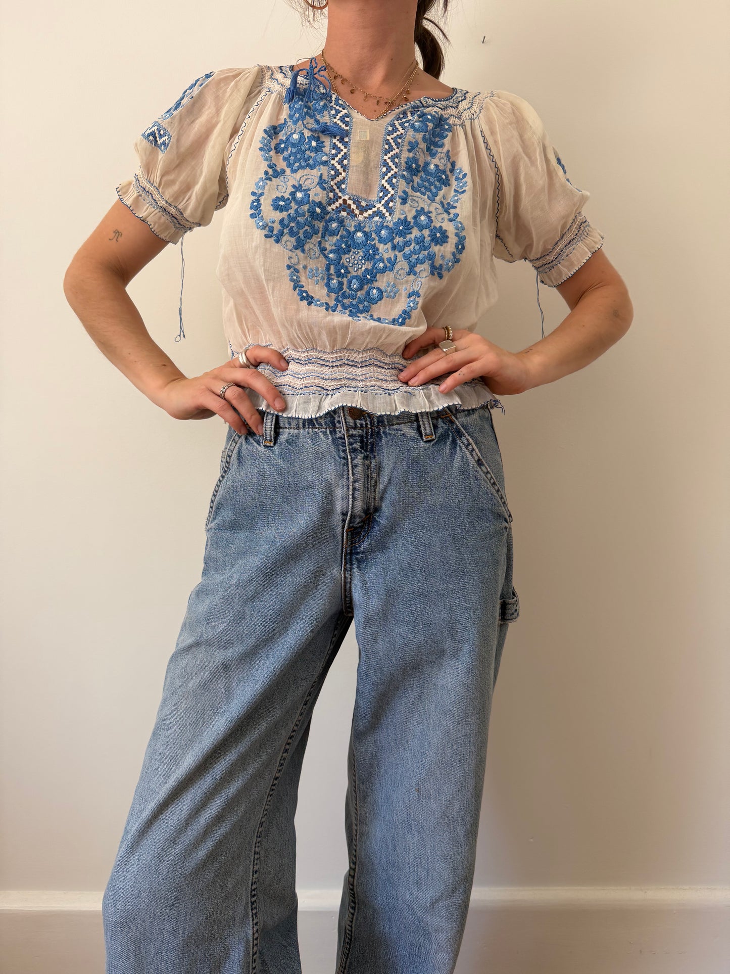 1930s Hungarian Blue Floral Embroidered Blouse