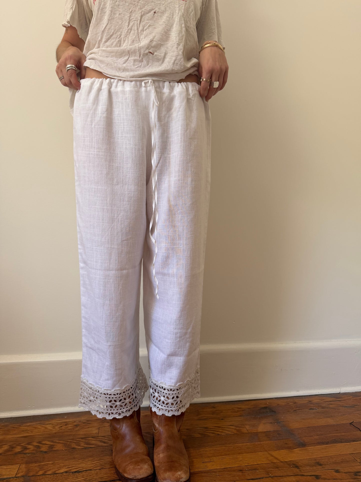 Reworked Linen Bloomer Pants With Antique Eyelet Trim