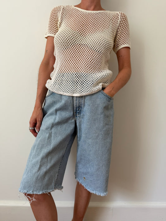 Cream Cotton Fishnet Tee