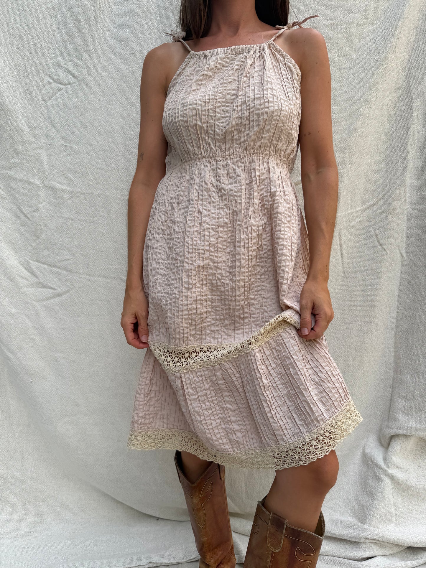 Dusty Rose 70s Crochet Tiered Dress