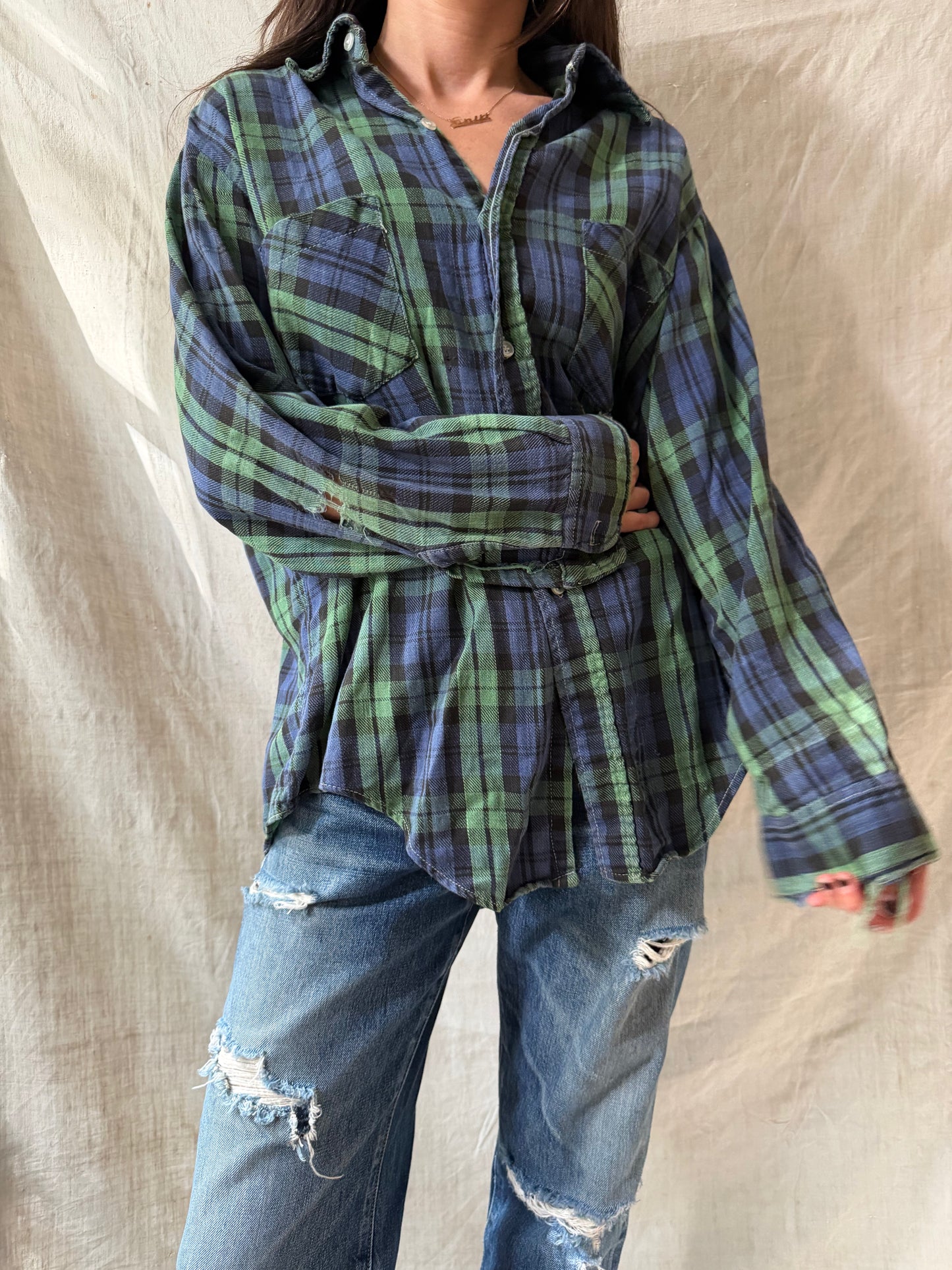Super Distressed Green + Blue Plaid
