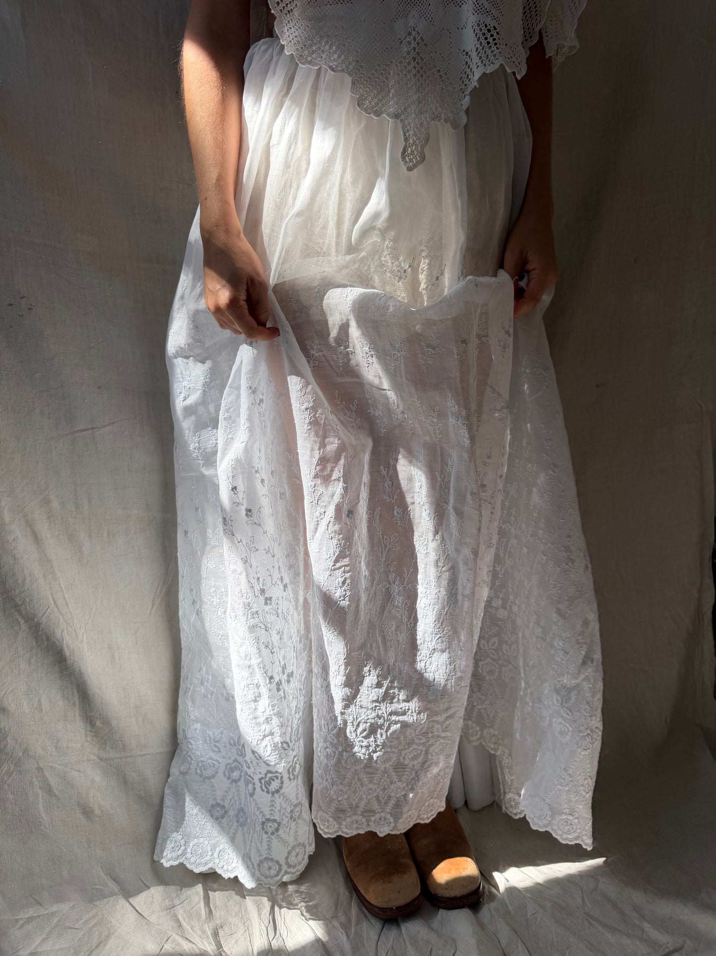 White Cotton Floral Embroidered Antique Long Skirt