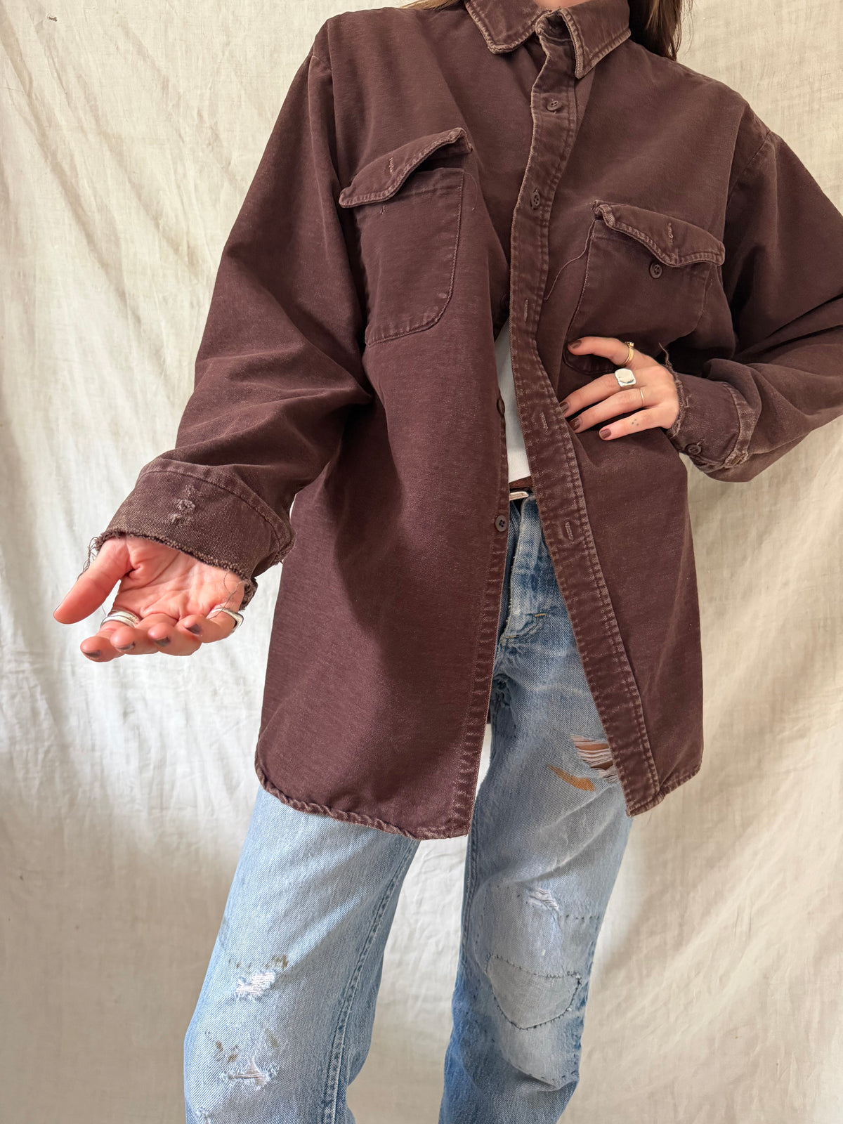 Dark Brown Distressed Button Up