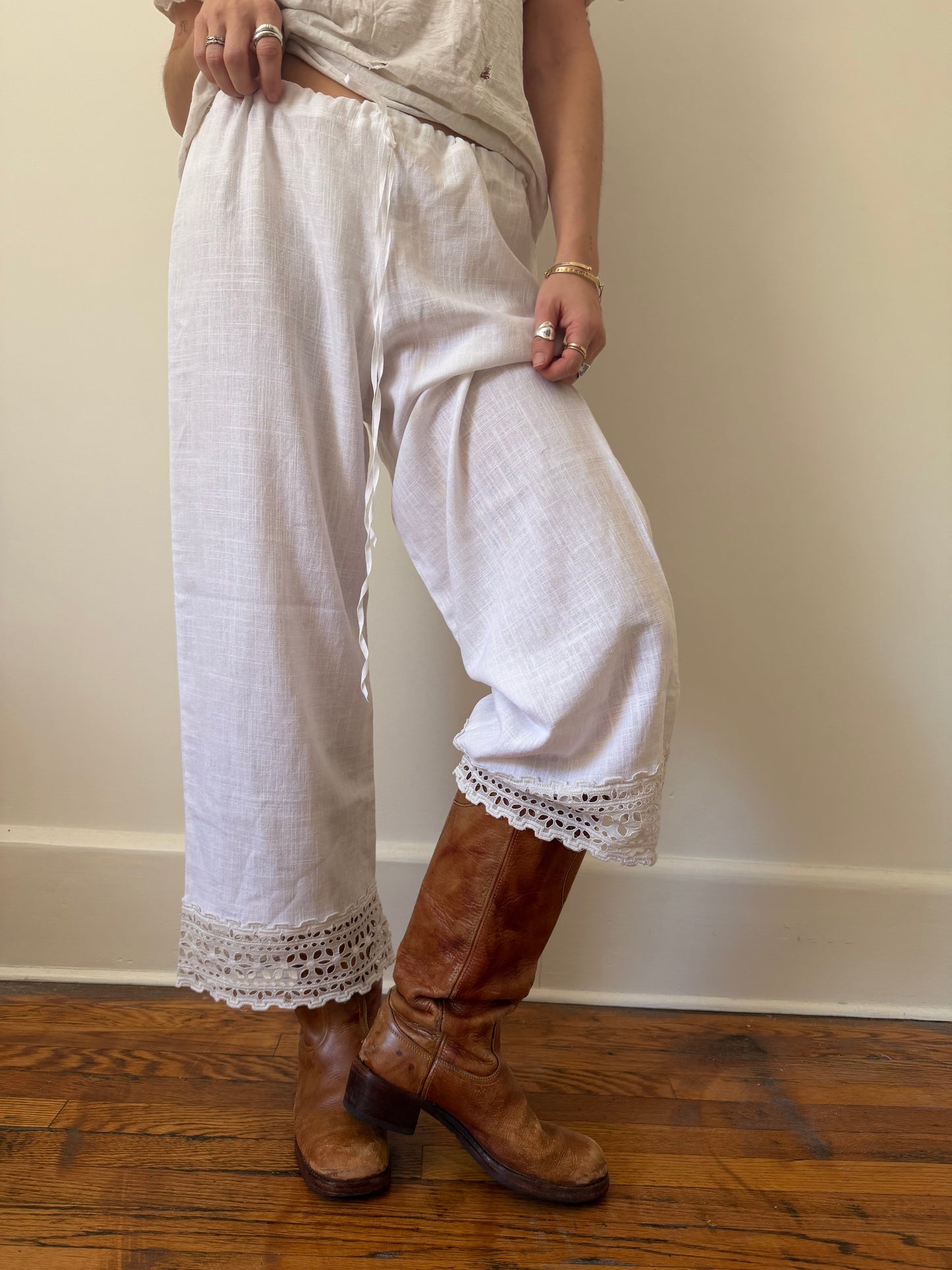 Reworked Linen Bloomer Pants With Antique Eyelet Trim
