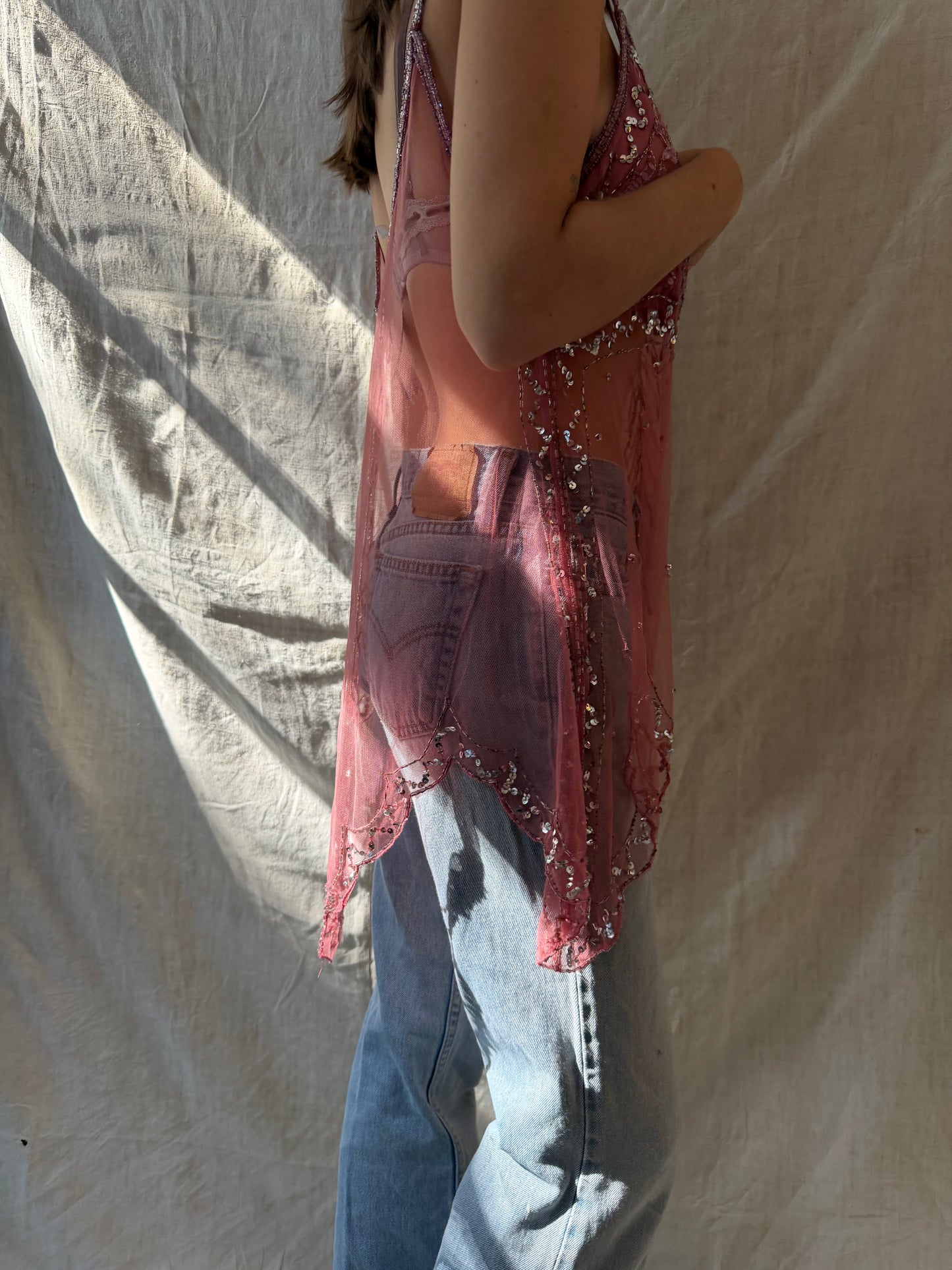 Pink Beaded Mesh Tank