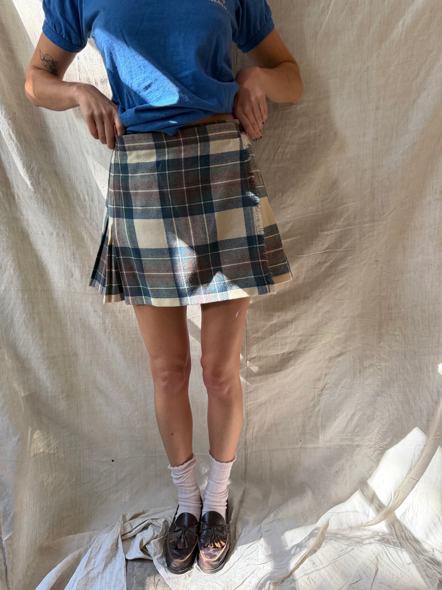 Cream, Brown + Blue Cropped Kilt