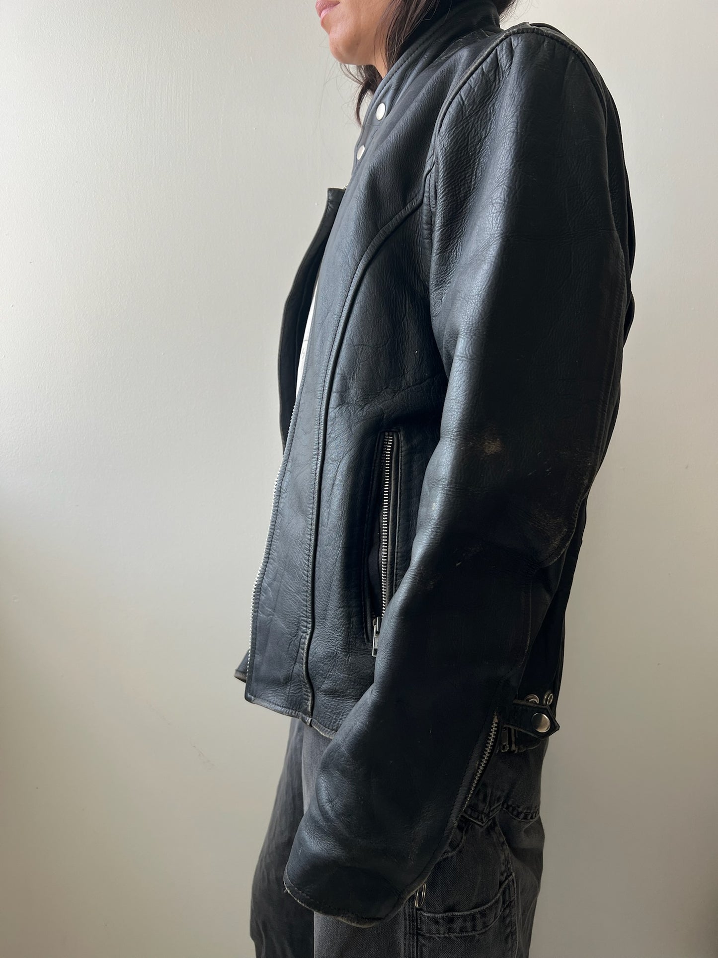Faded Black Leather Biker Jacket