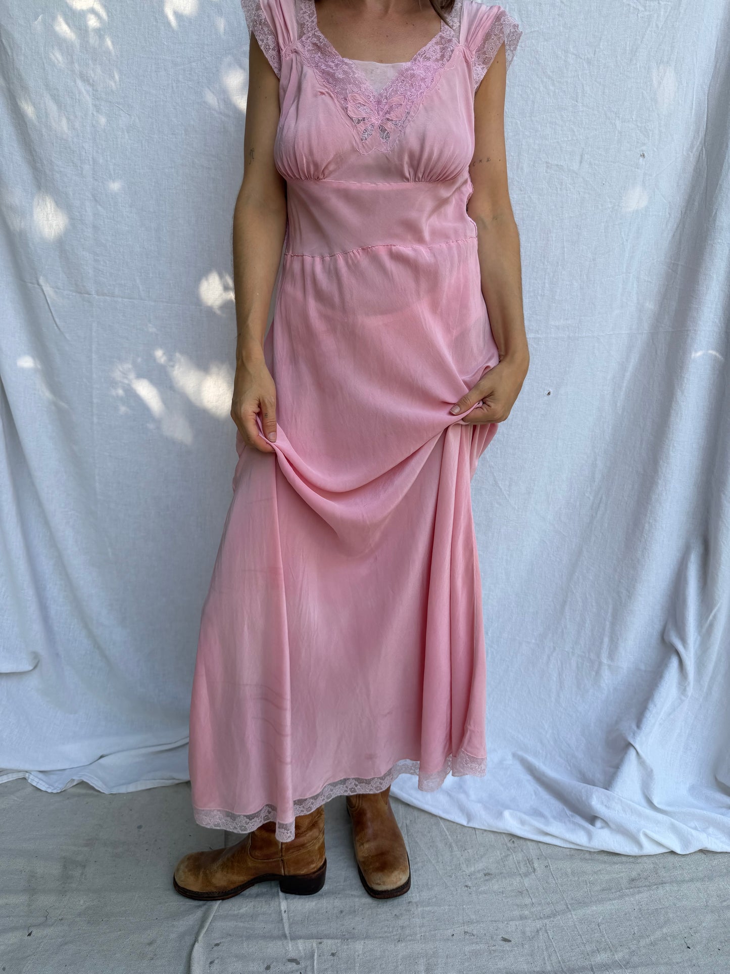 1940s Bubblegum Pink Long Satin Slip Dress