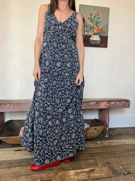 Navy + Cream Sezane Eyelet Ruffle Dress