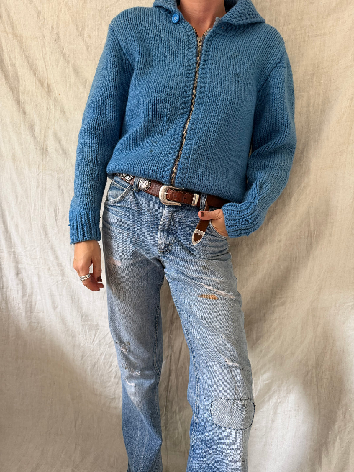 Mended Sky Blue Zip Up Cowichan Sweater