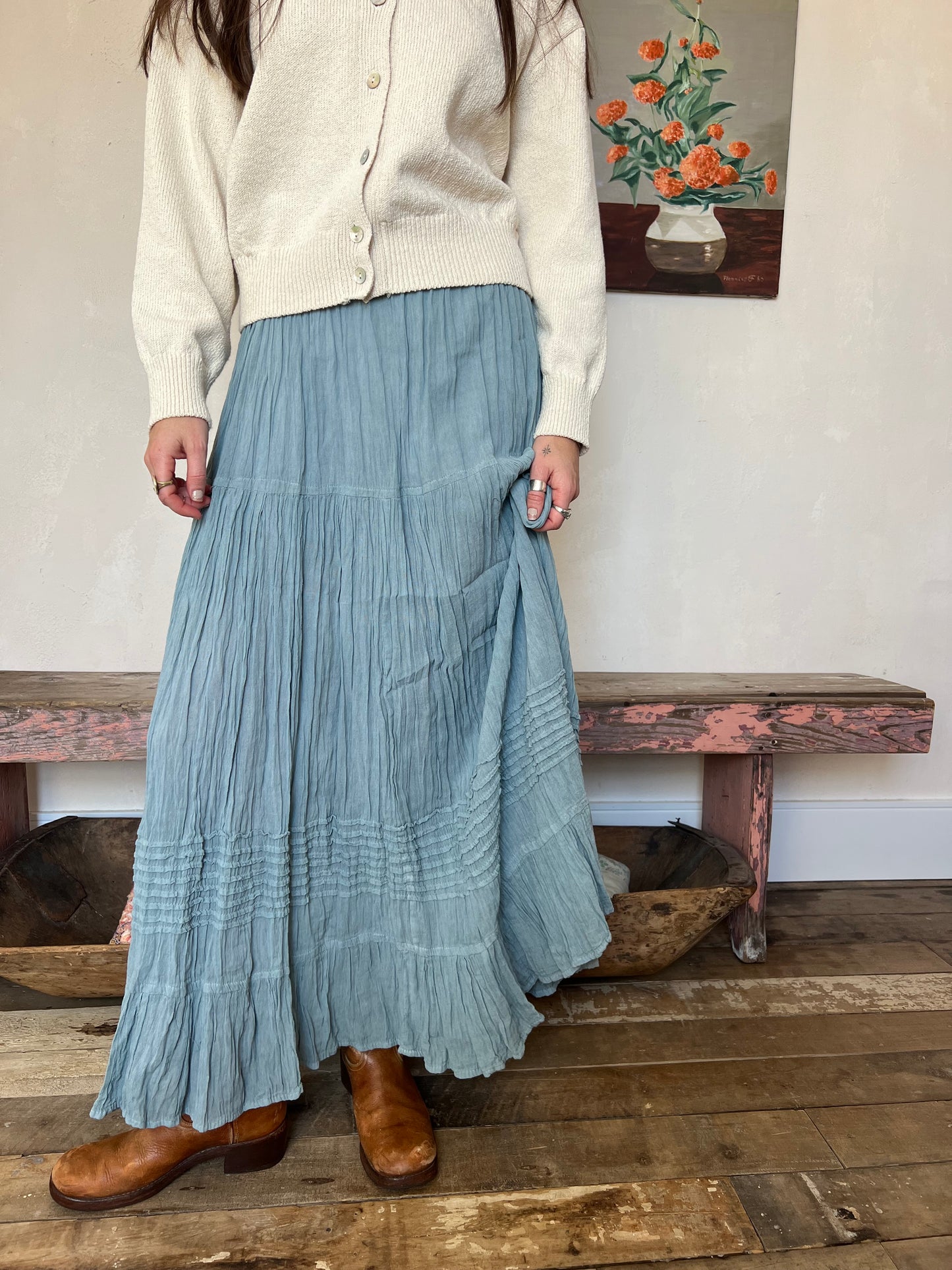 Oaxacan Sky Blue Long Cotton Skirt