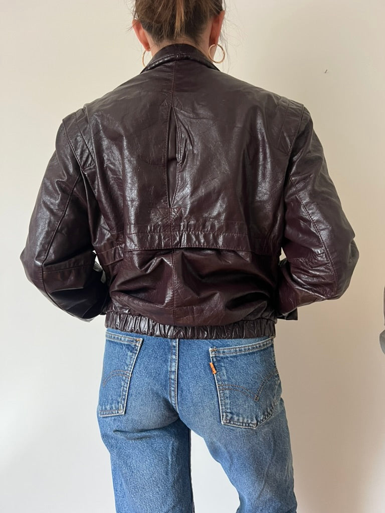 Burgundy Leather Zip Up Bomber Jacket