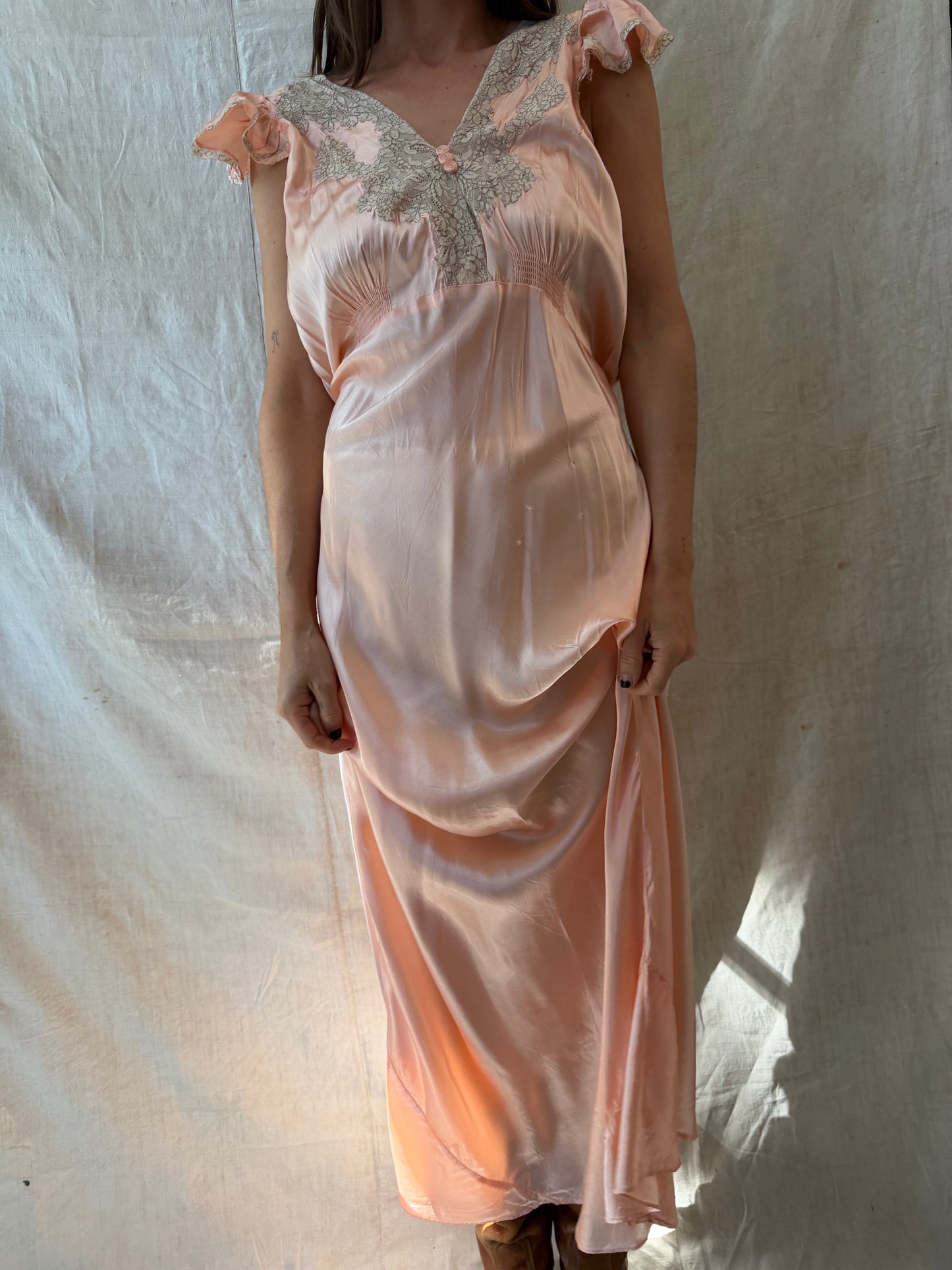 Ruffle Satin Peach Slip Dress