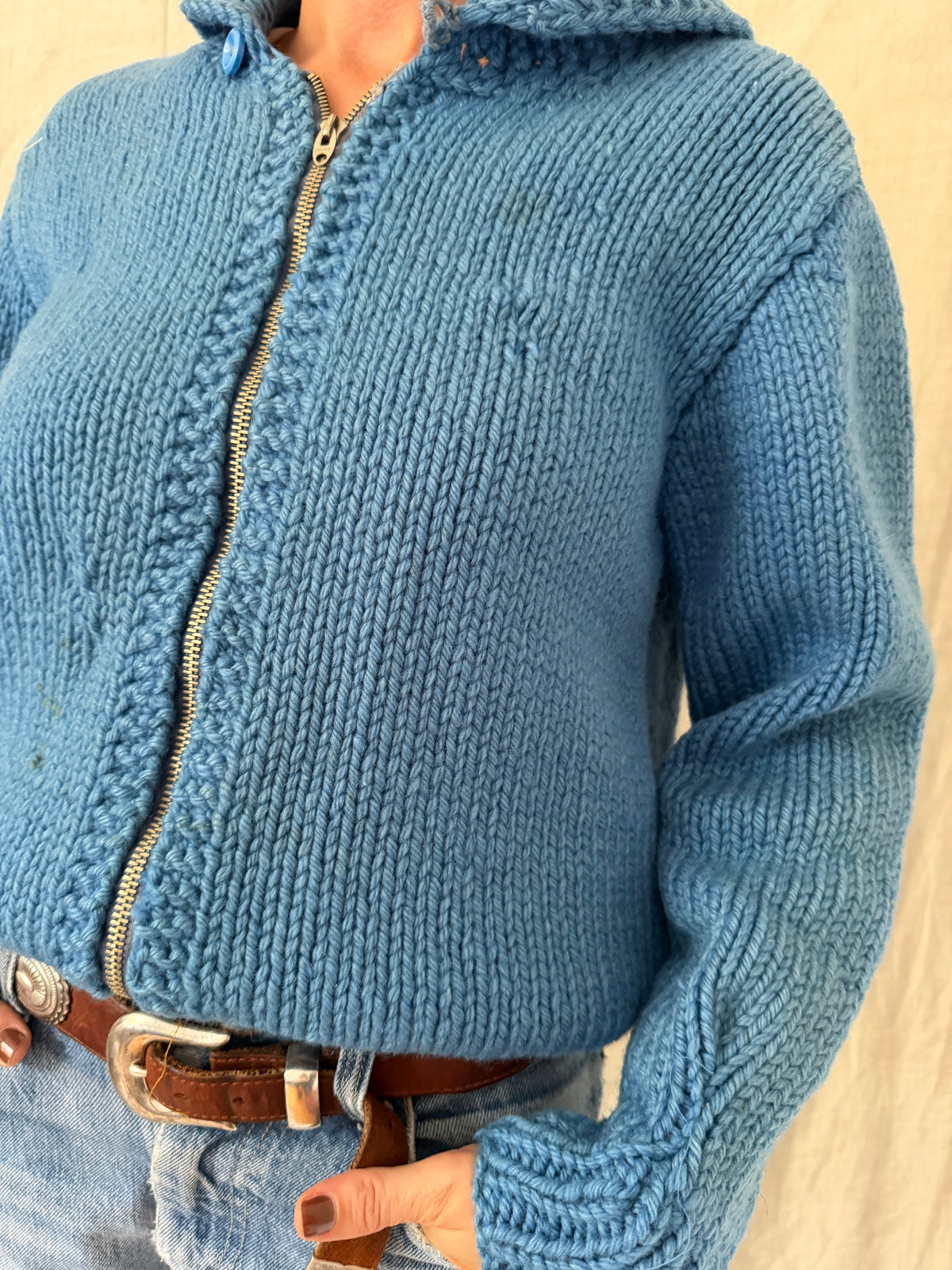 Mended Sky Blue Zip Up Cowichan Sweater