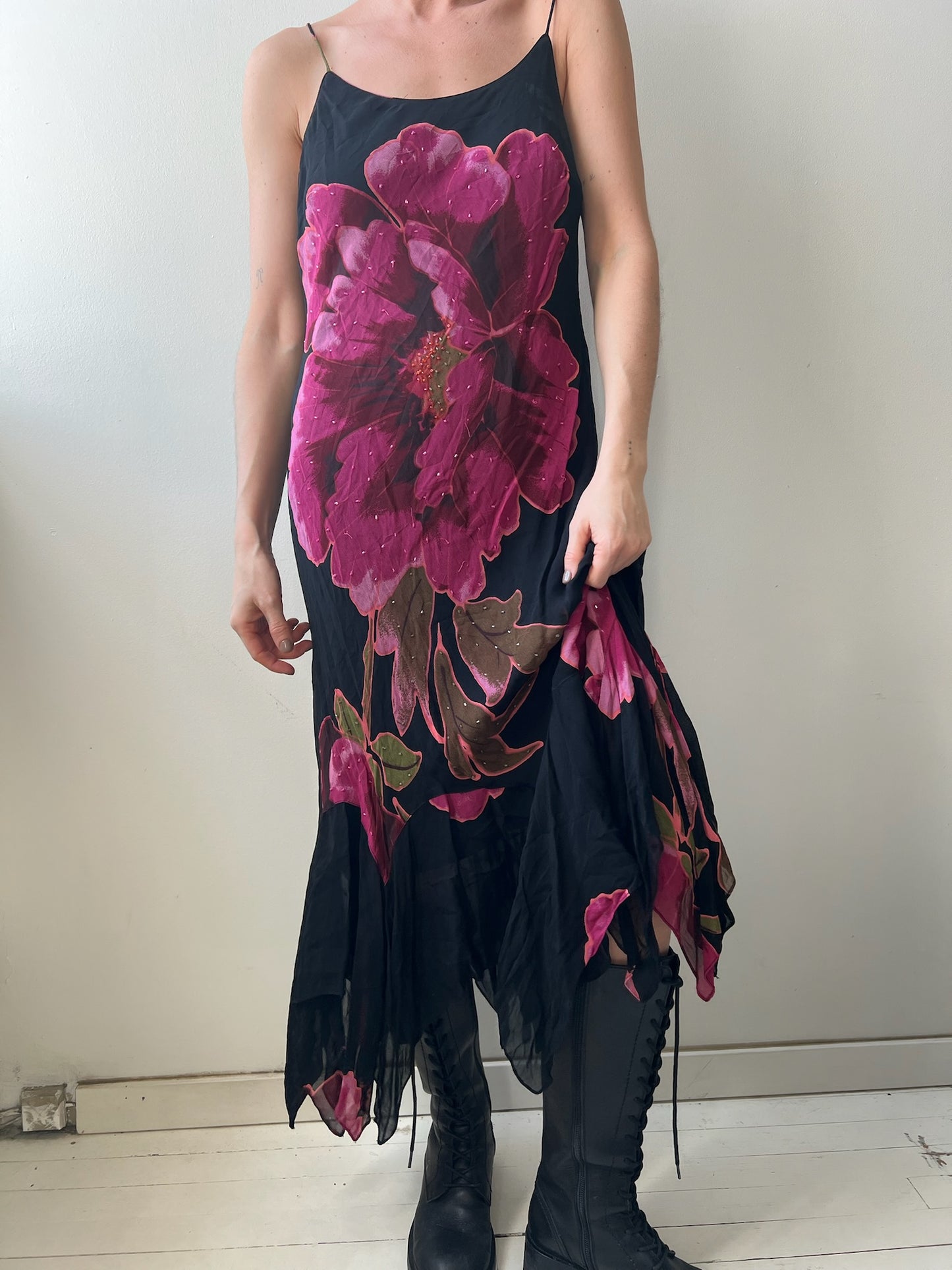 Black and Pink Floral Spaghetti Strap Flowy Dress