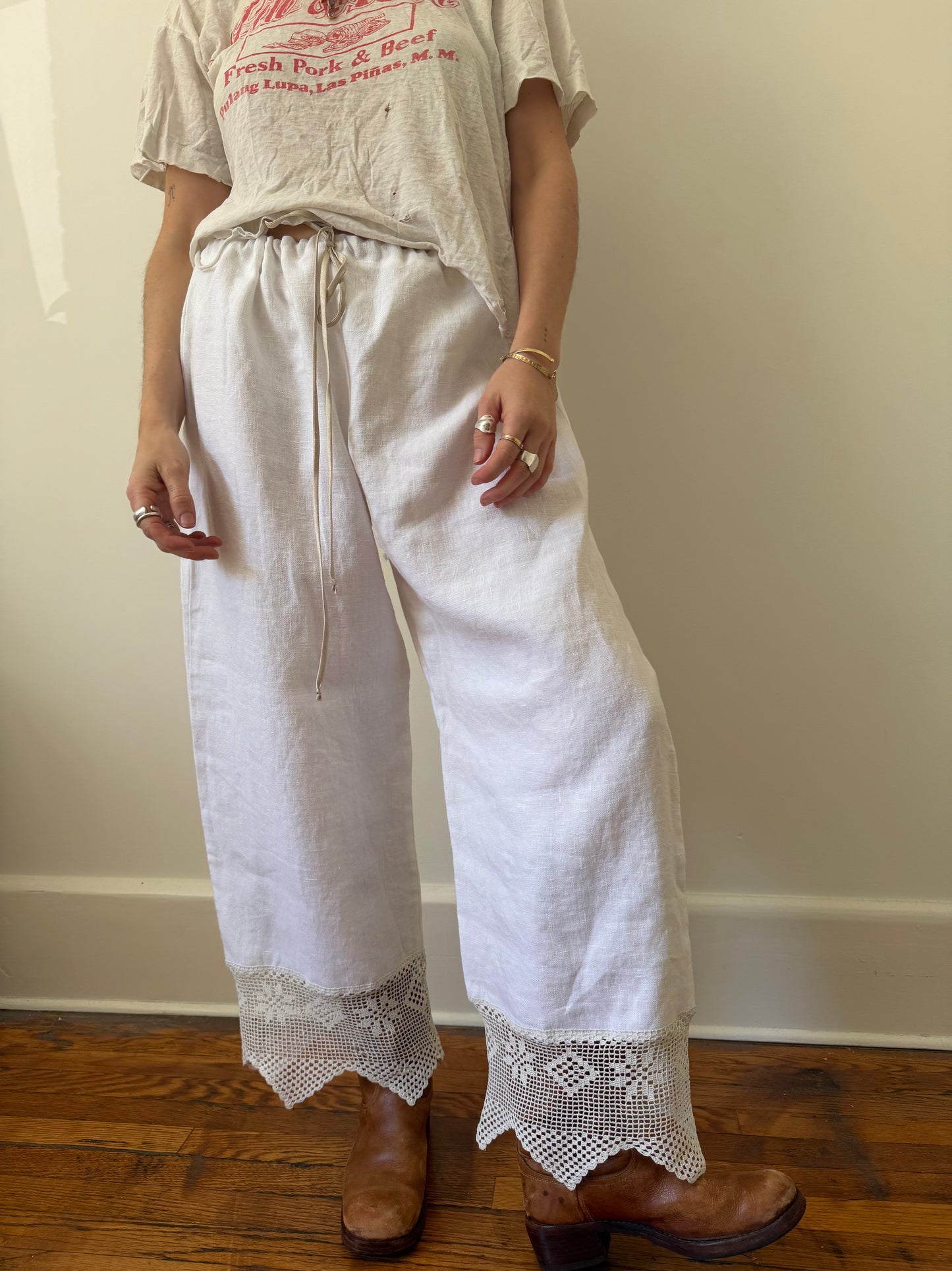 Reworked Linen Bloomer Pants With Antique Crochet Lace Trim