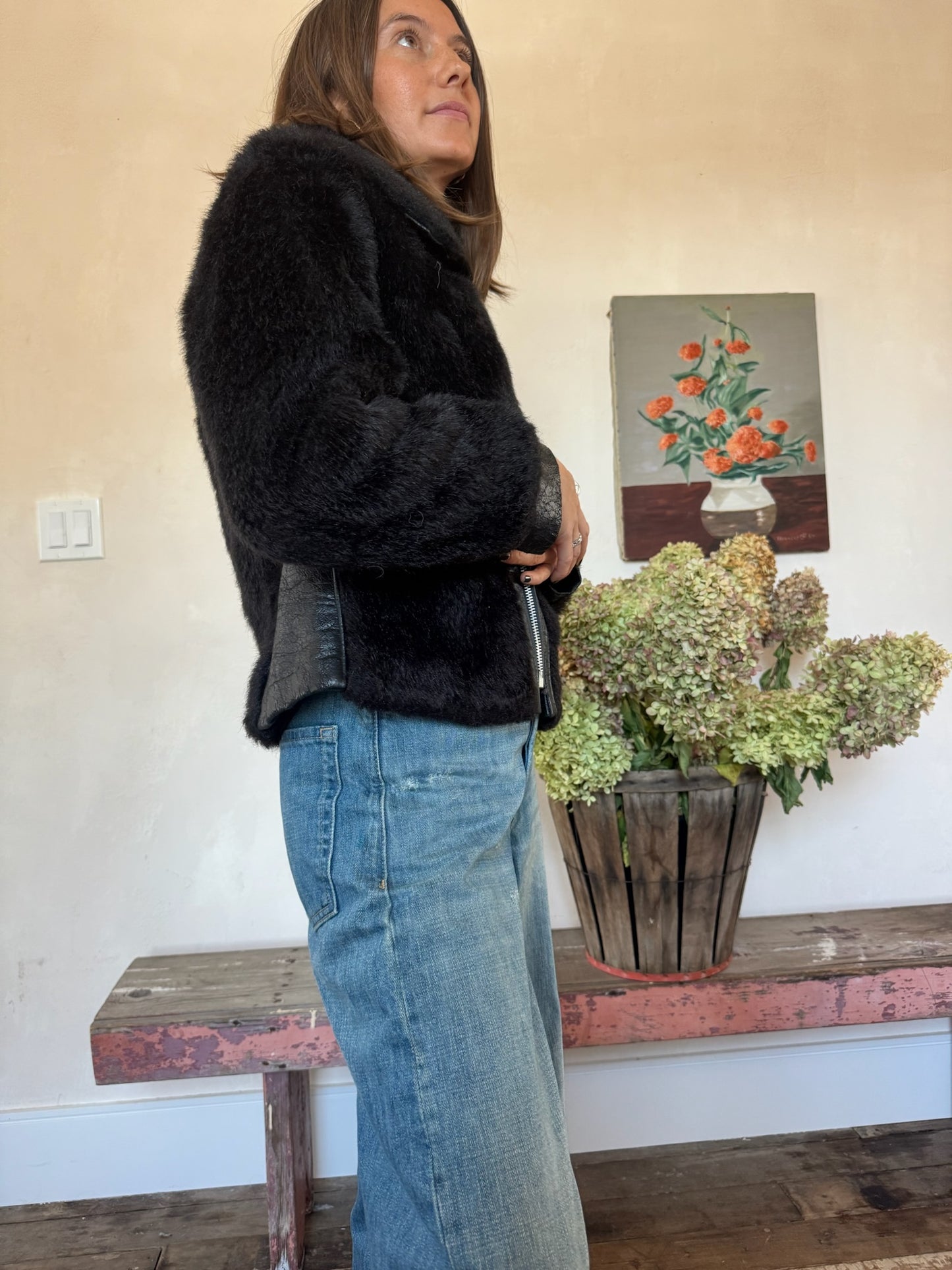 Cropped Black 70s Faux Fur Jacket