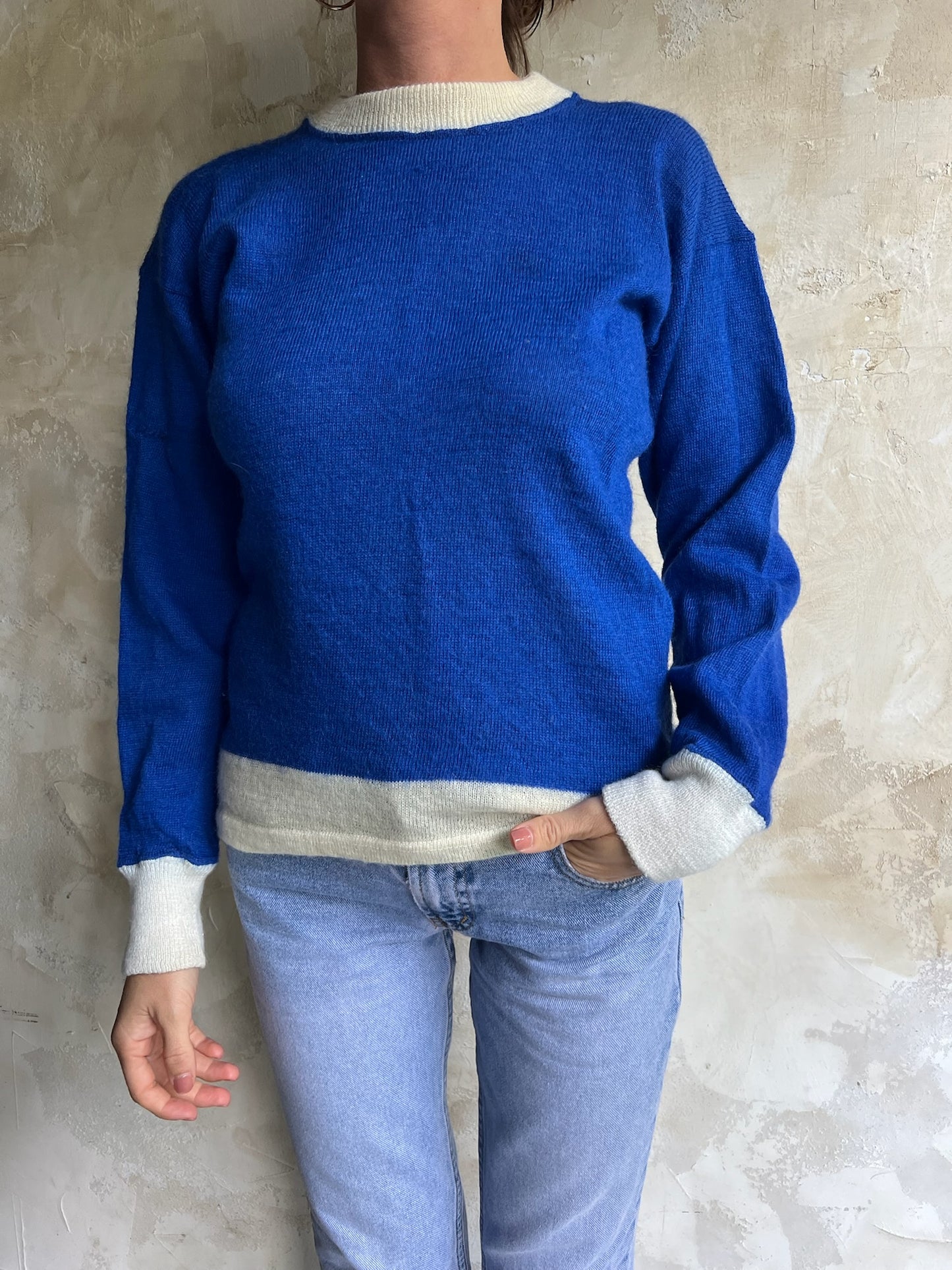 Cream and Cobalt Blue Wool Longsleeve