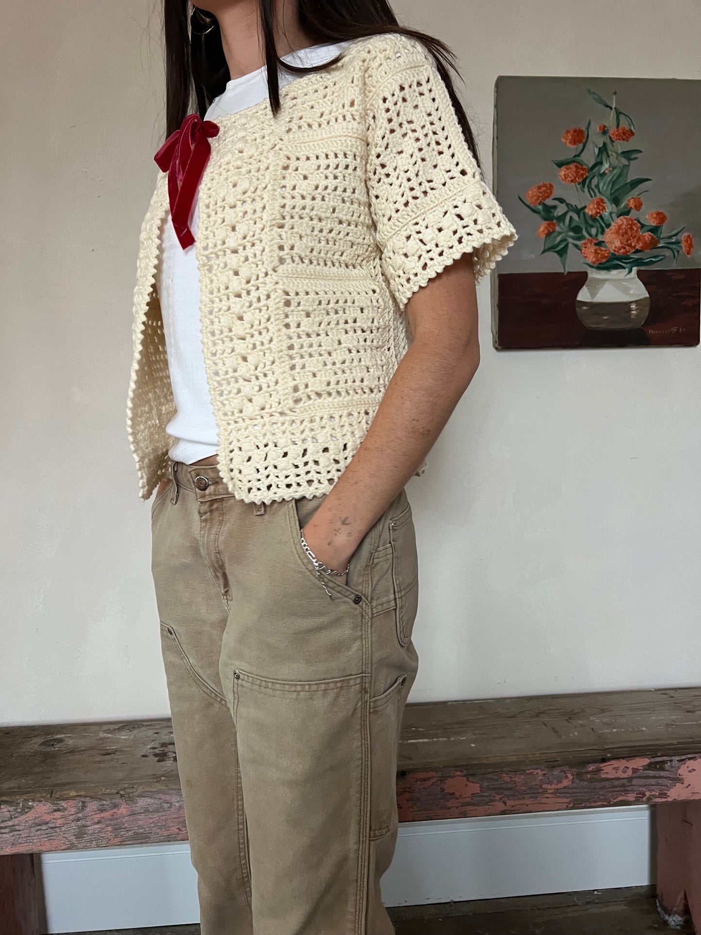 Crochet Cream Tee with Red Velvet Bow