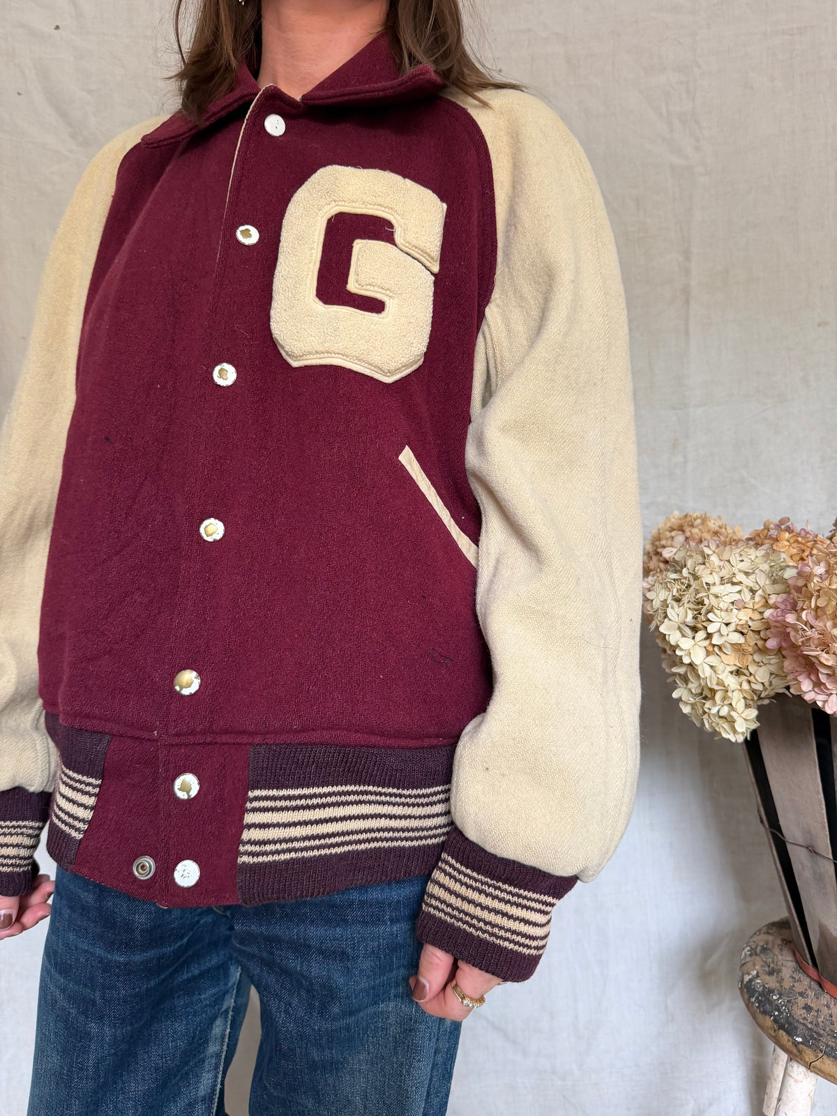 Maroon and Cream Varsity Jacket