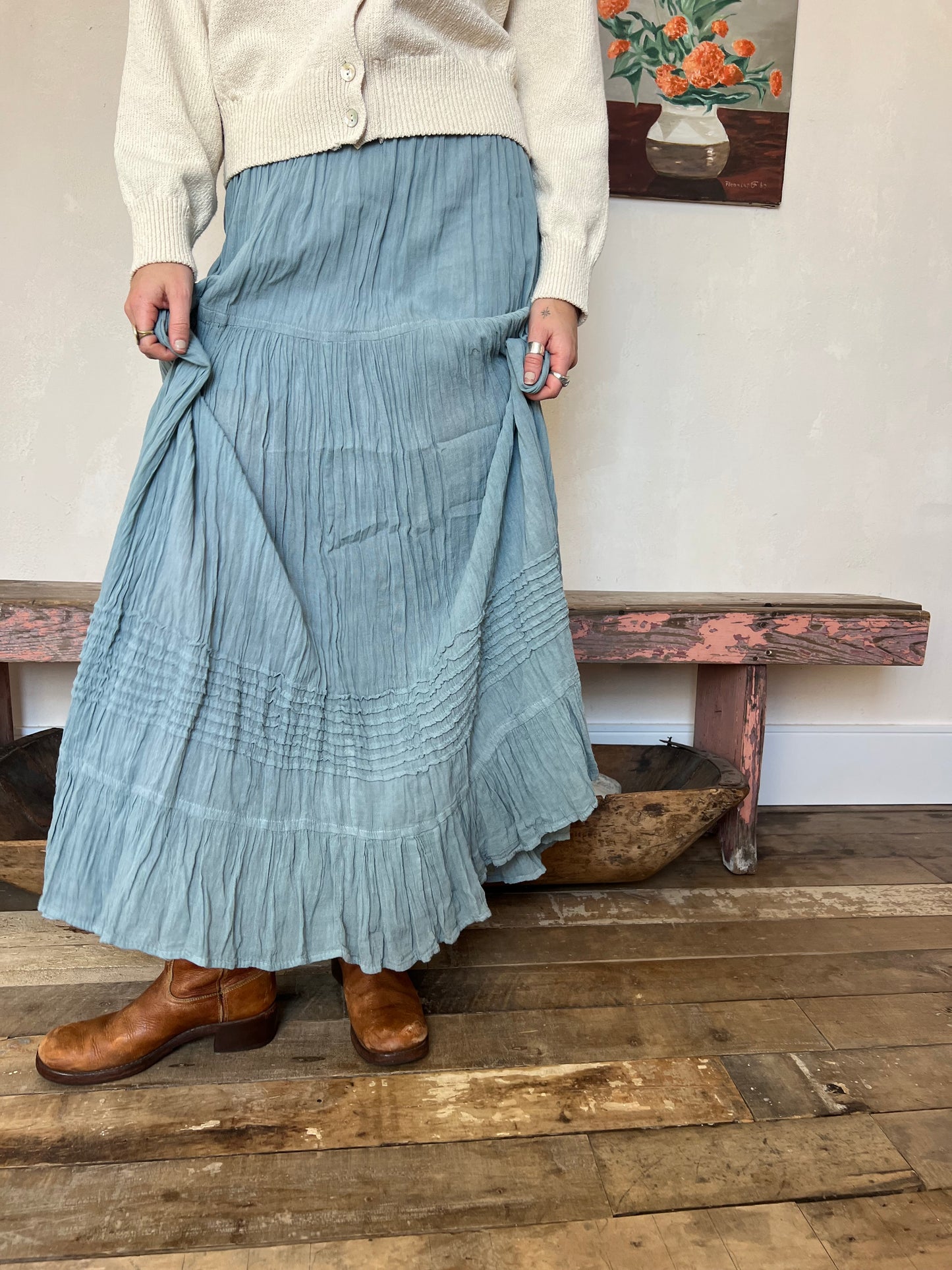 Oaxacan Sky Blue Long Cotton Skirt