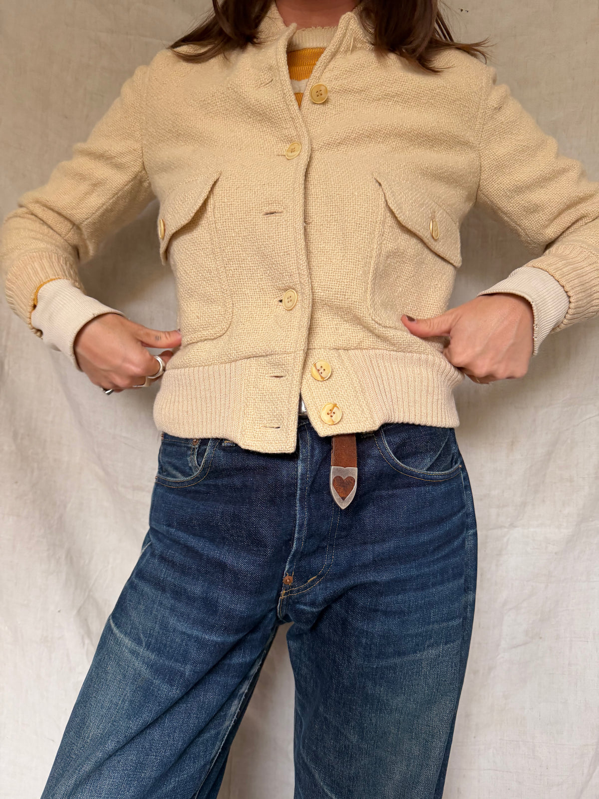 Cream Wool Knit Bomber Jacket