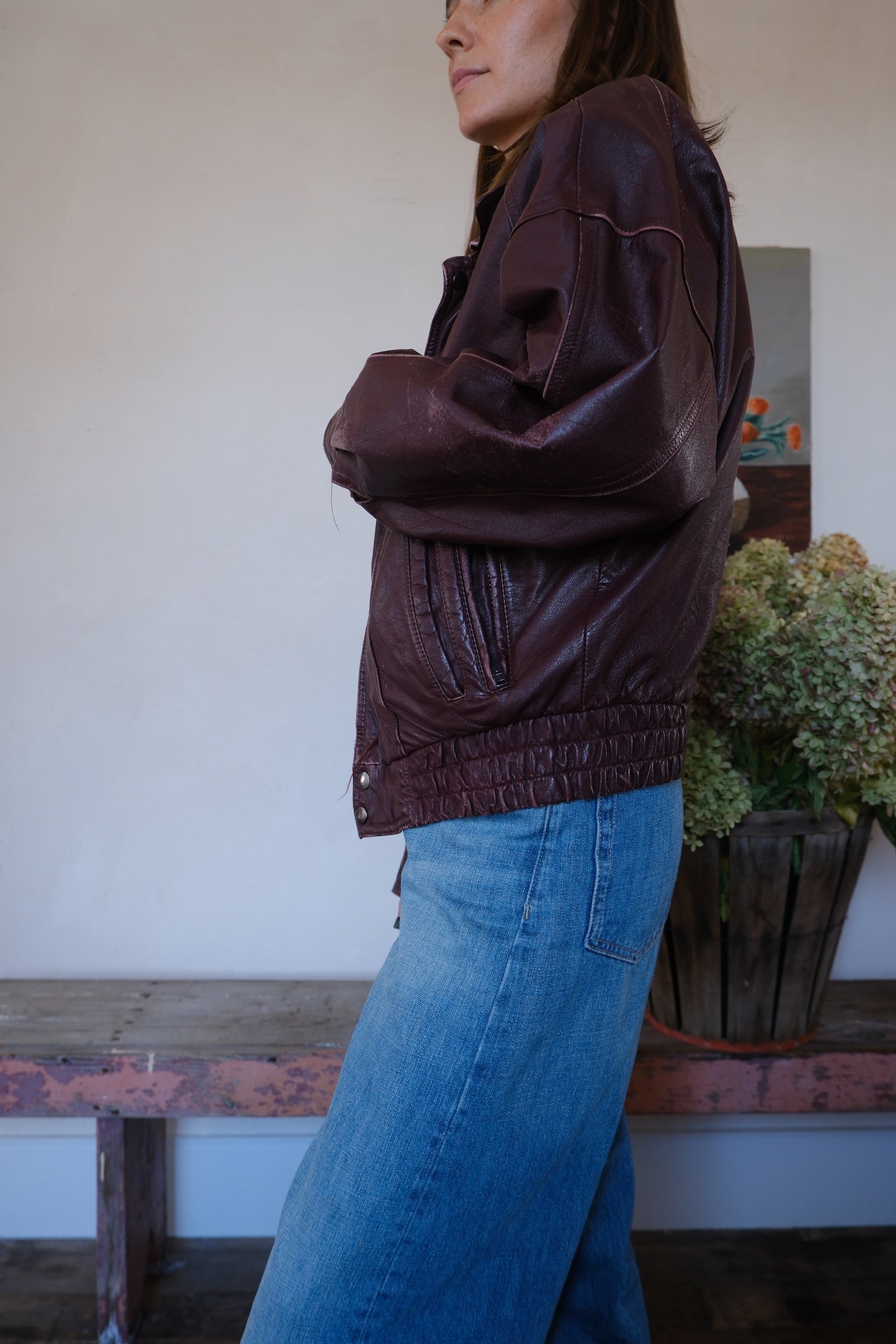 Burgundy Leather Bomber Jacket