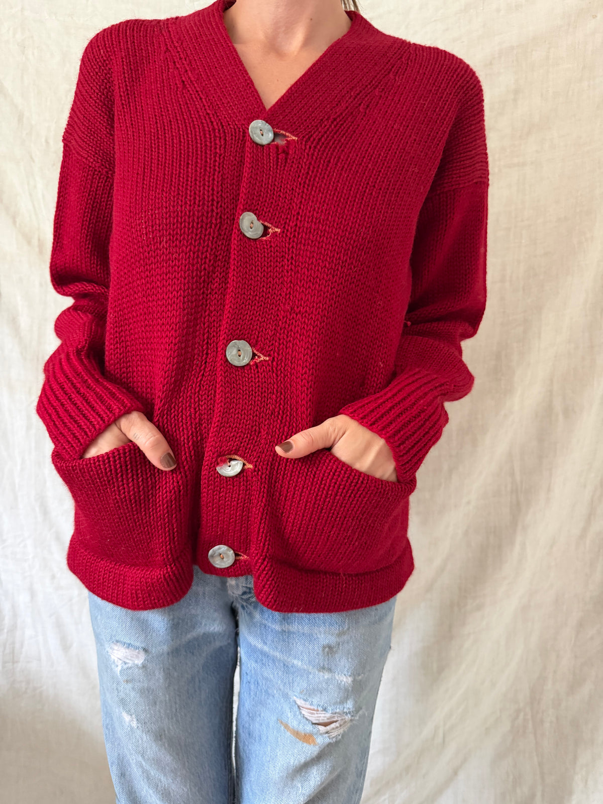 Cherry Red Hand-knit Cardigan