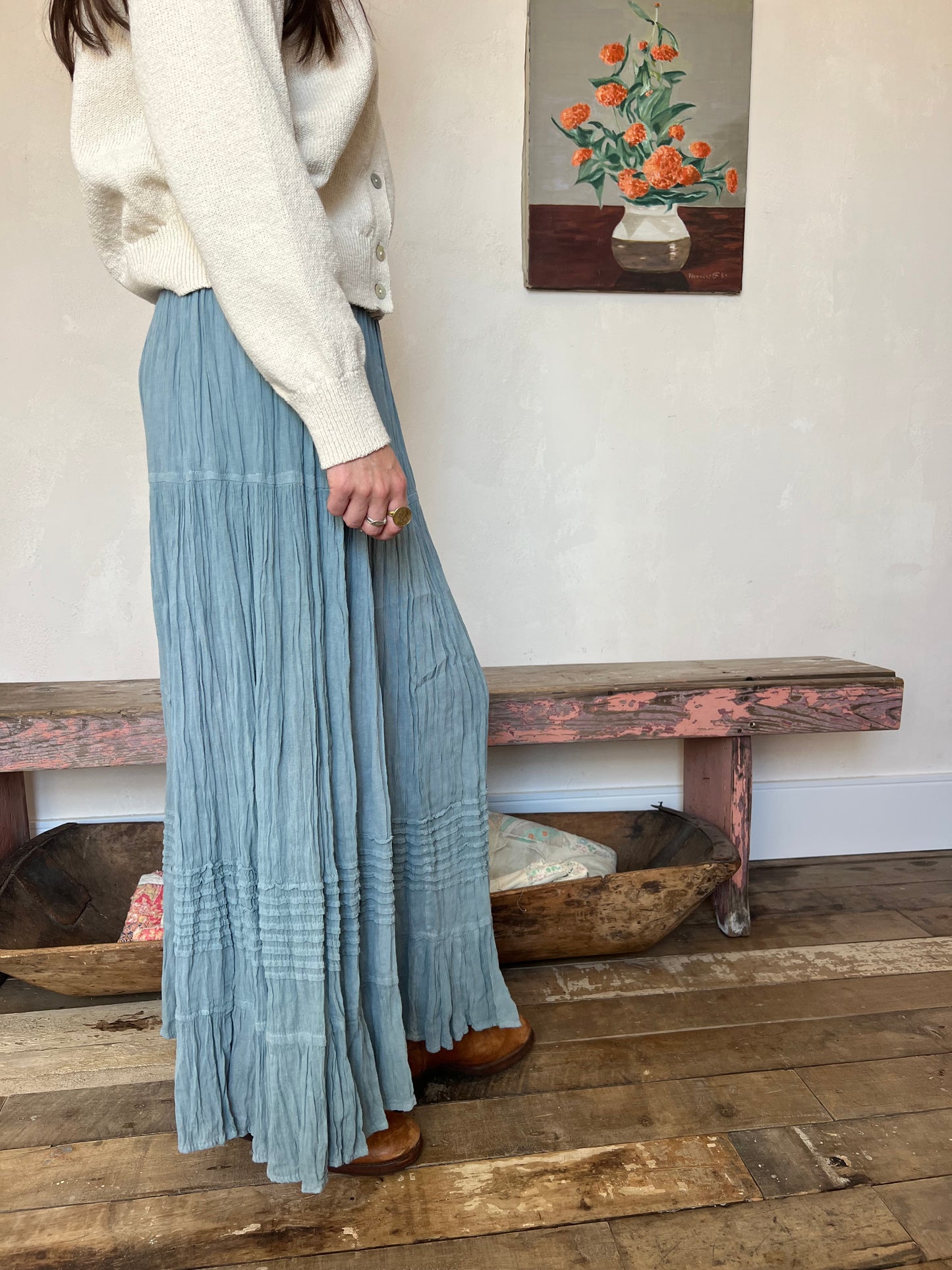Oaxacan Sky Blue Long Cotton Skirt