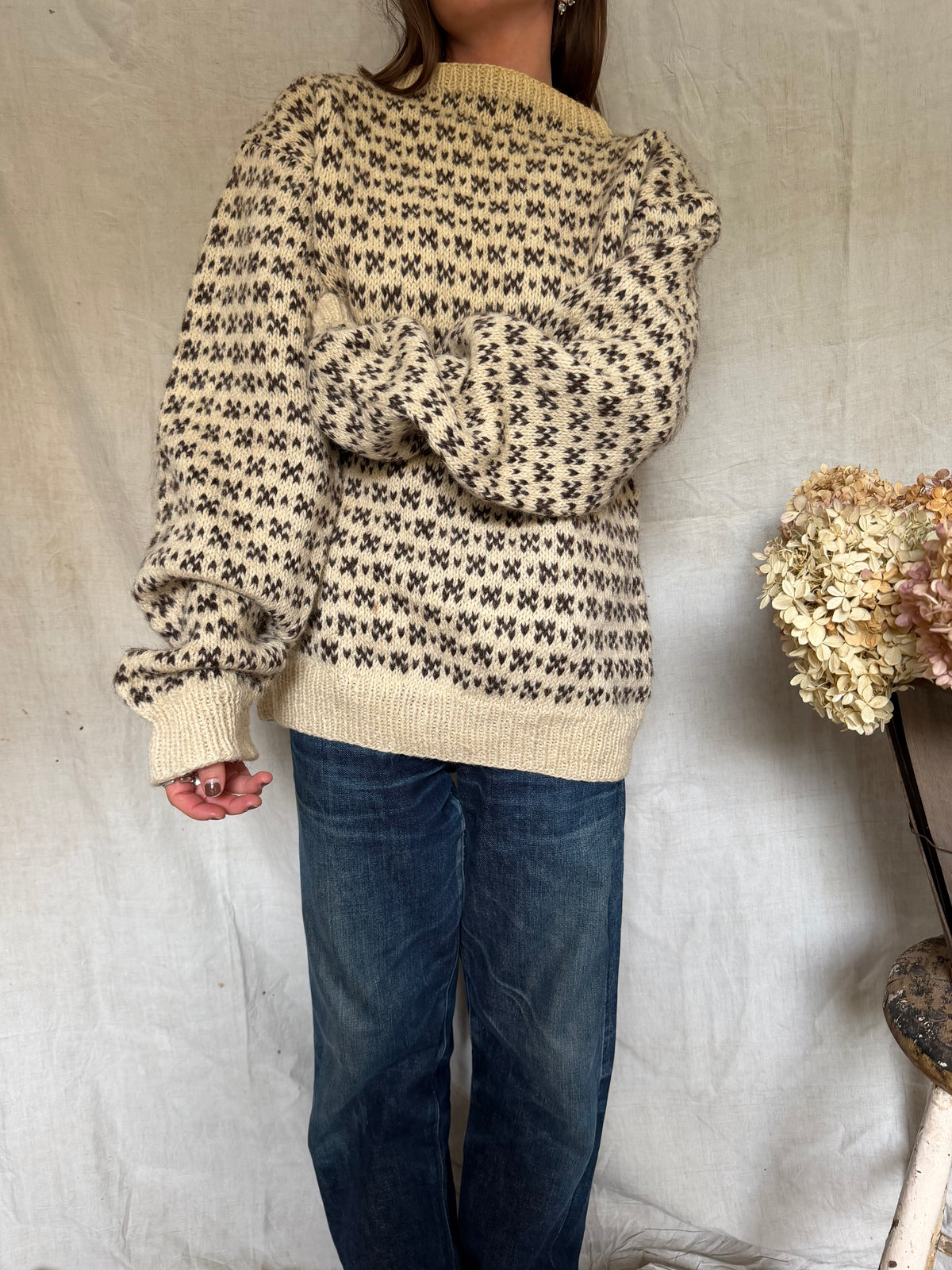 Brown and Cream Wool Patterned Sweater