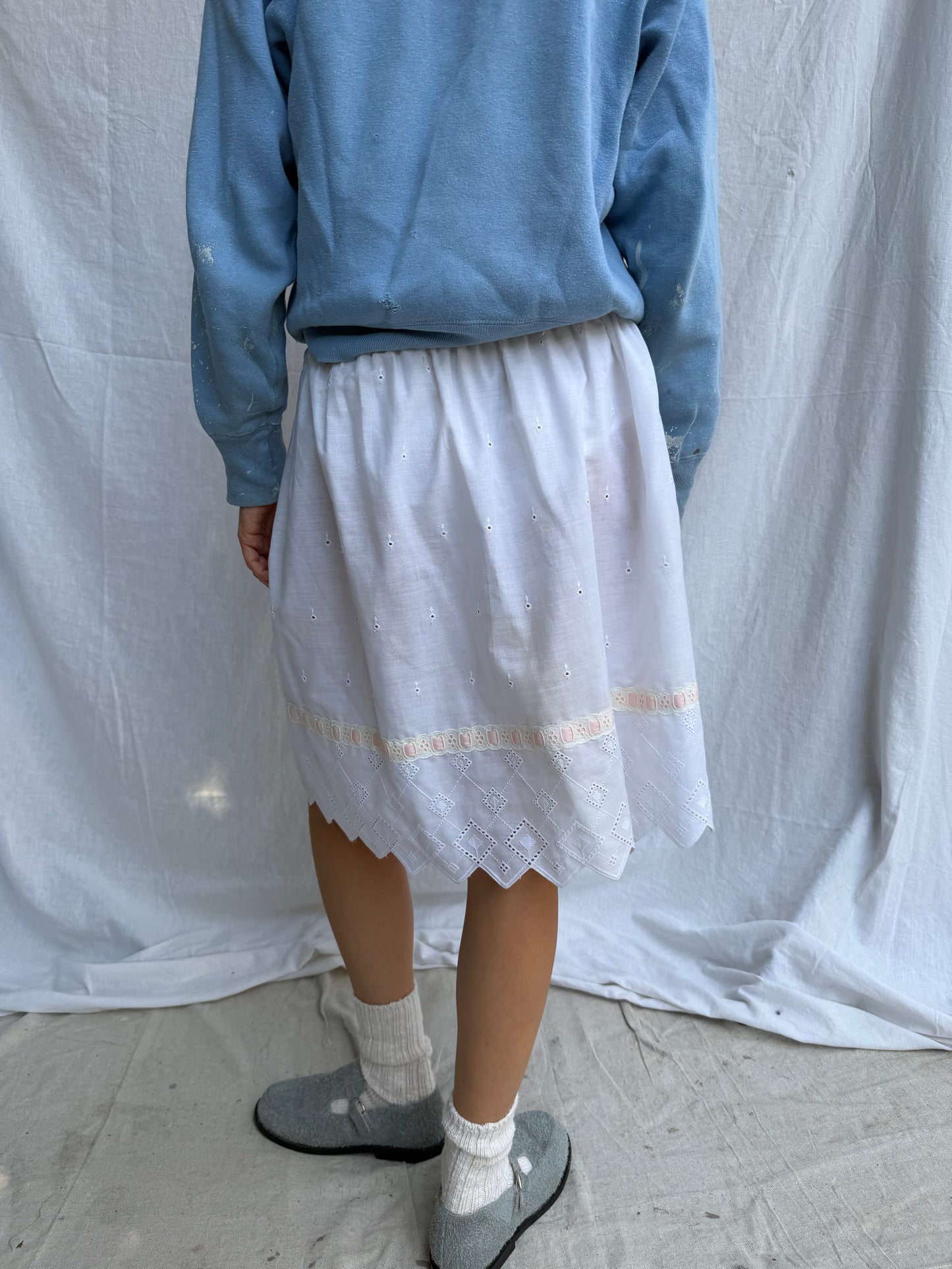 White Cotton Eyelet Skirt with Pink Ribbon