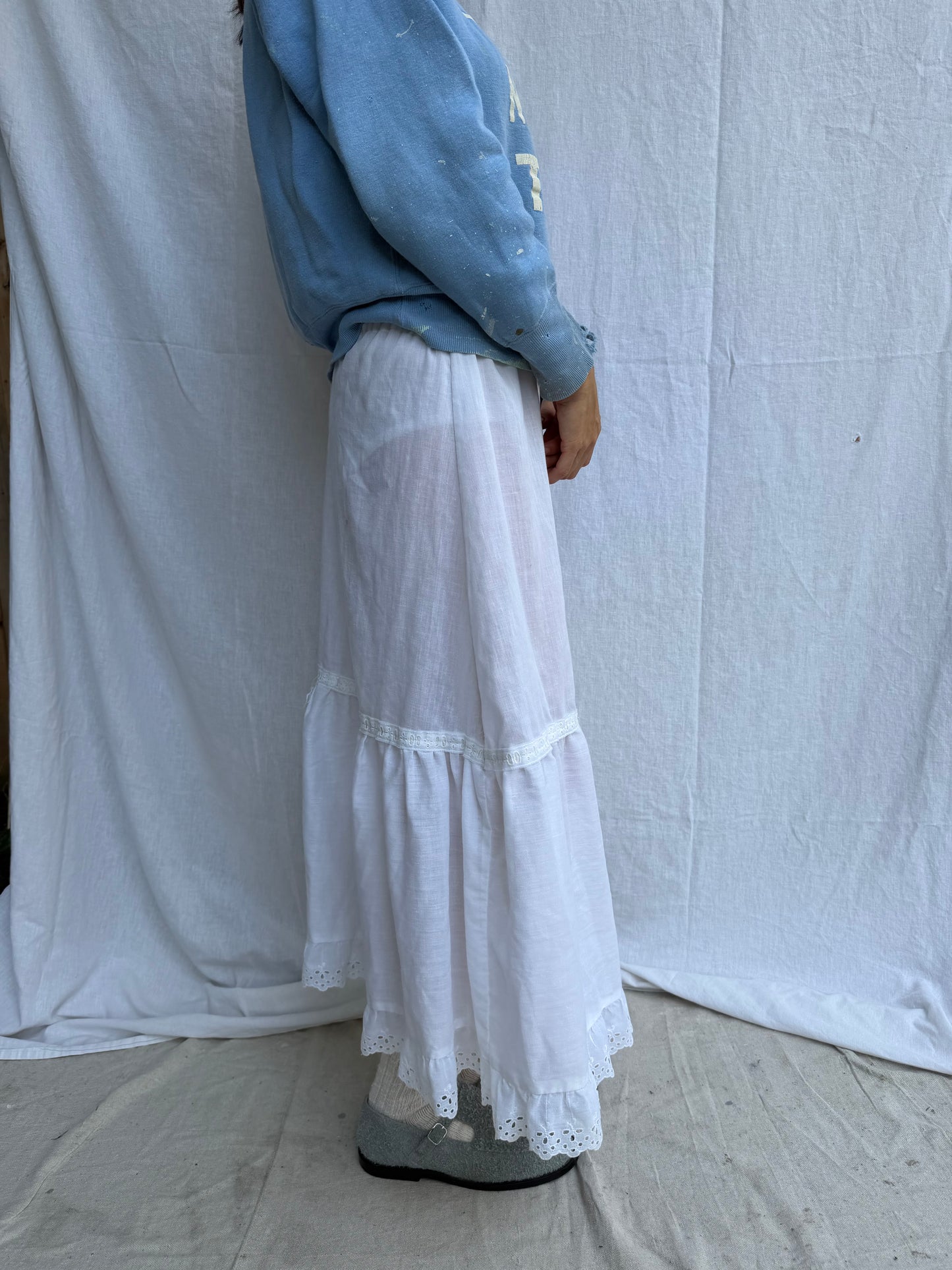 Long Sheer White Cotton Ruffle Skirt
