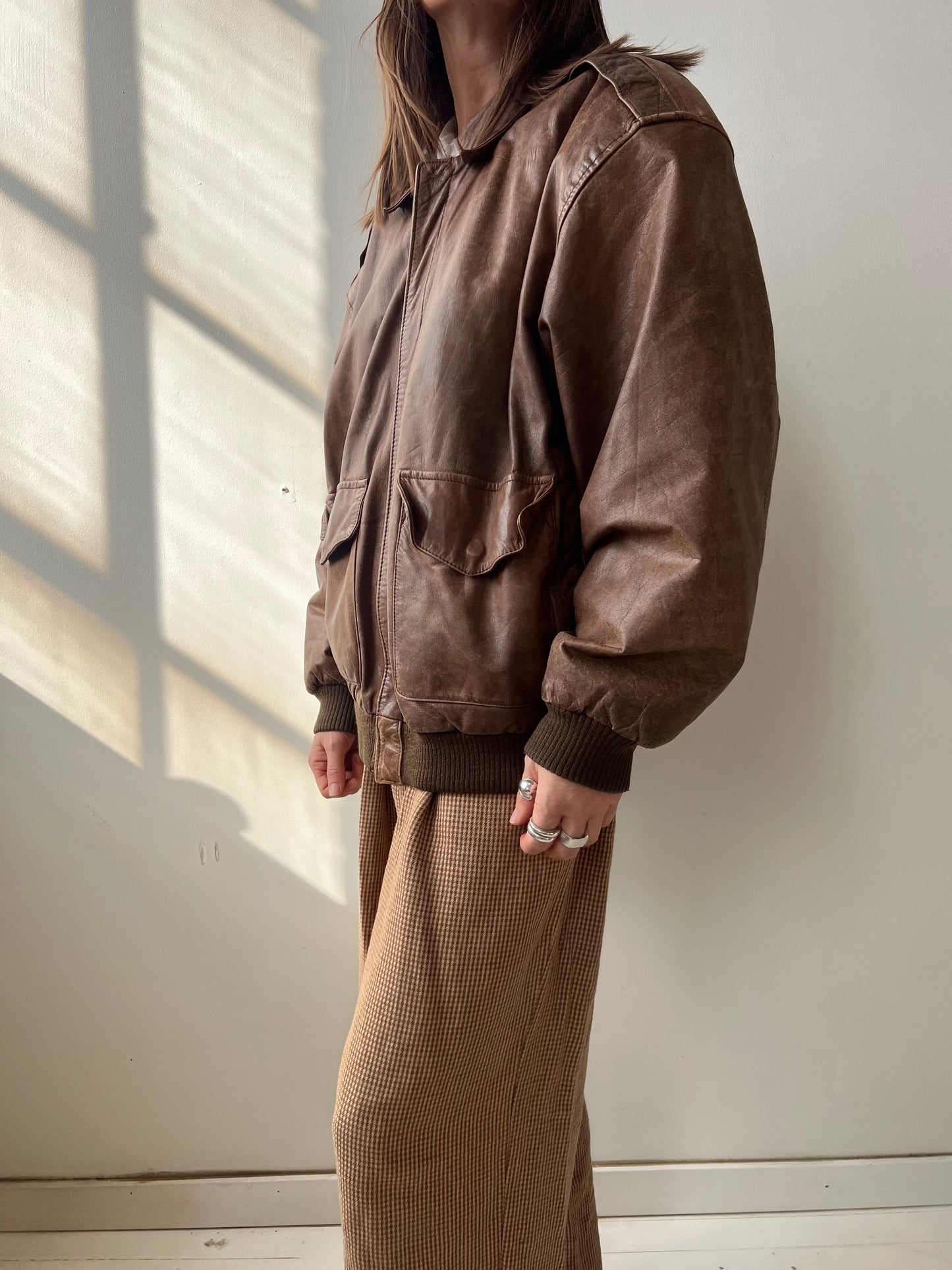 Faded Light Brown Leather Bomber
