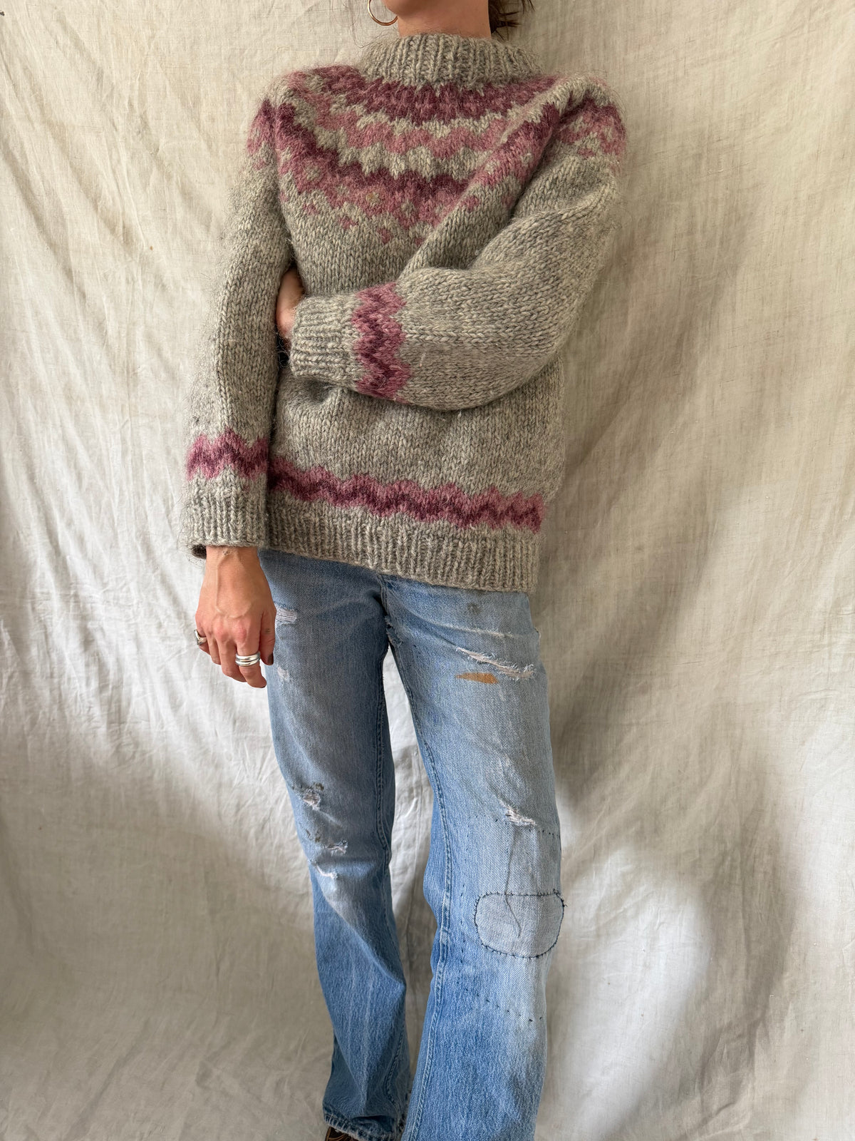 Grey and Pink Icelandic Wool Sweater