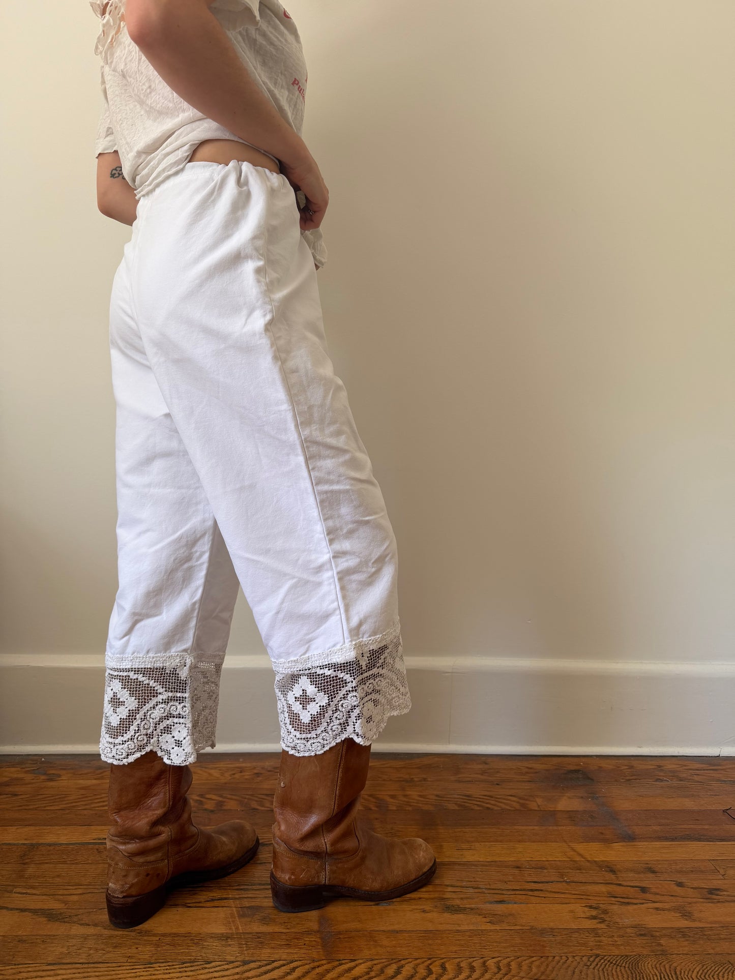 Reworked Cotton Bloomer Pants With Antique Crochet Trim