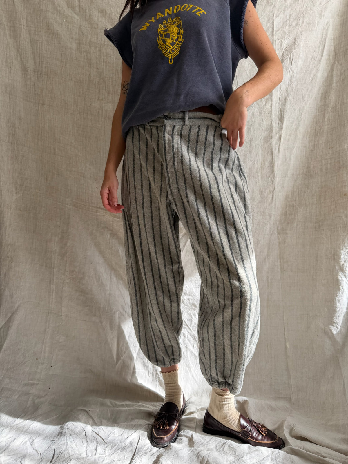 Pinstriped Grey Wool Baseball Trouser
