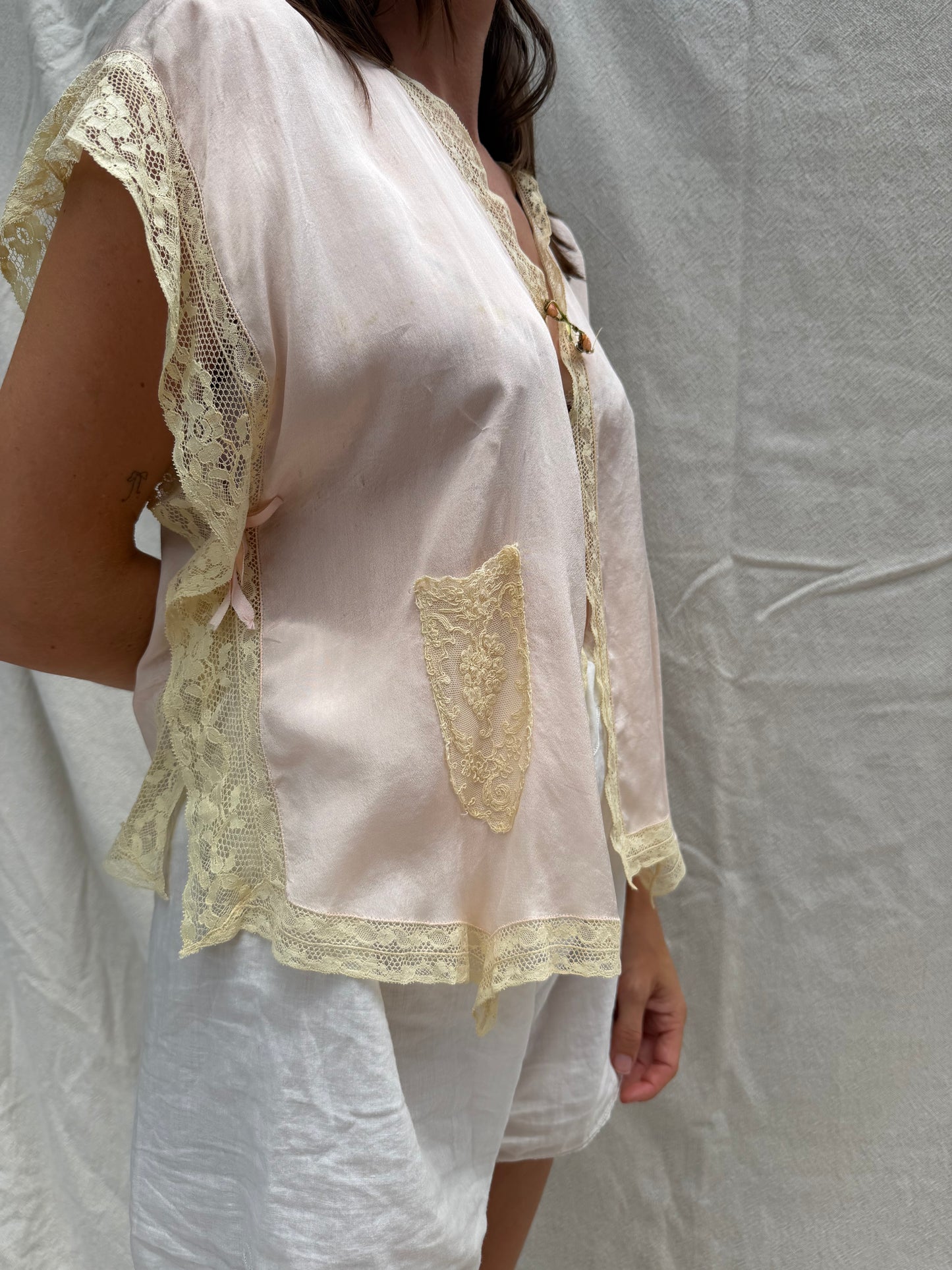1930s Crepe Silk + Lace Bed Jacket