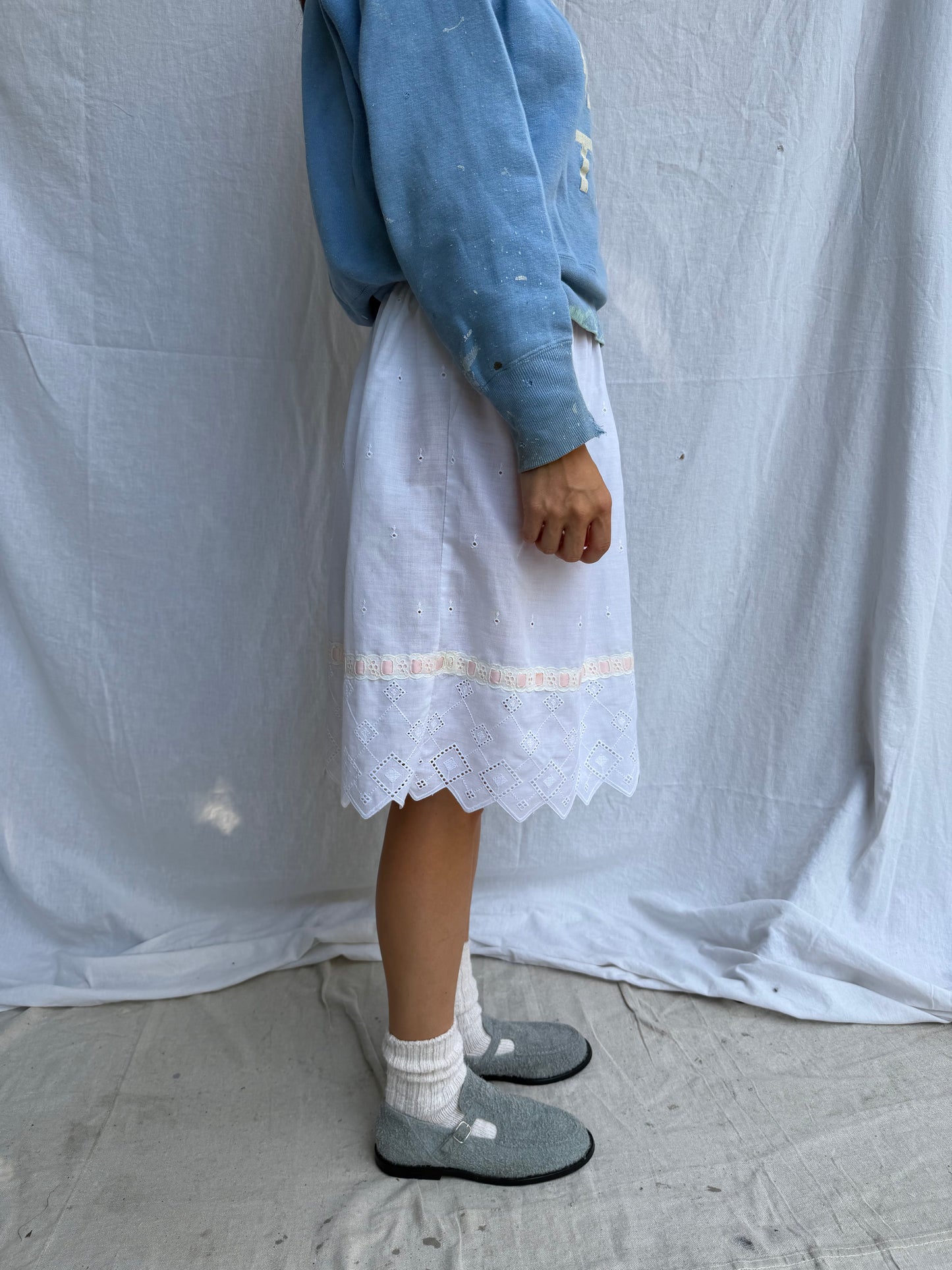 White Cotton Eyelet Skirt with Pink Ribbon