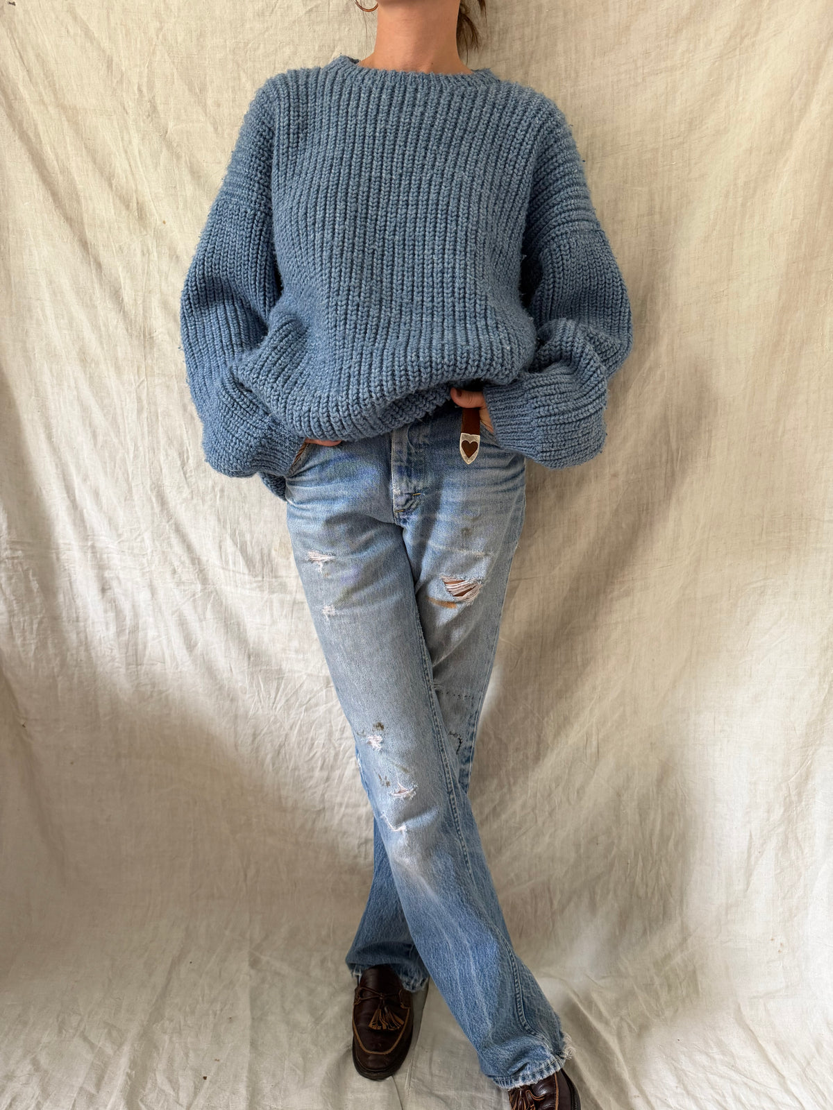Sky Blue Knit Ribbed Sweater