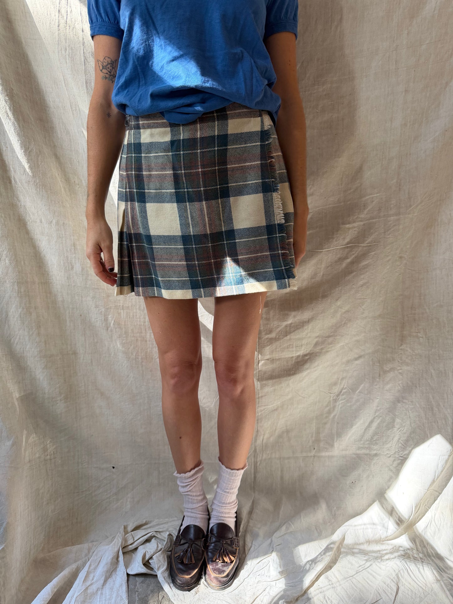 Cream, Brown + Blue Cropped Kilt
