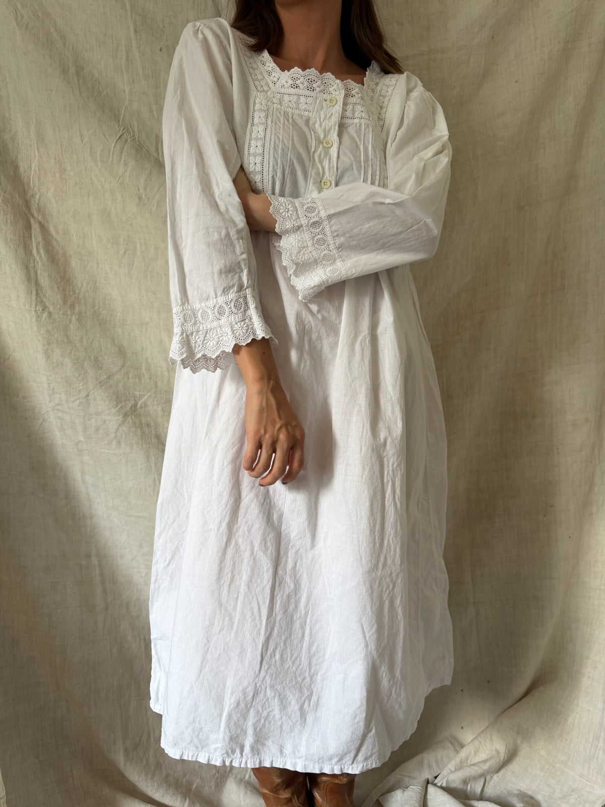 Antique Cotton Eyelet Trim Smock