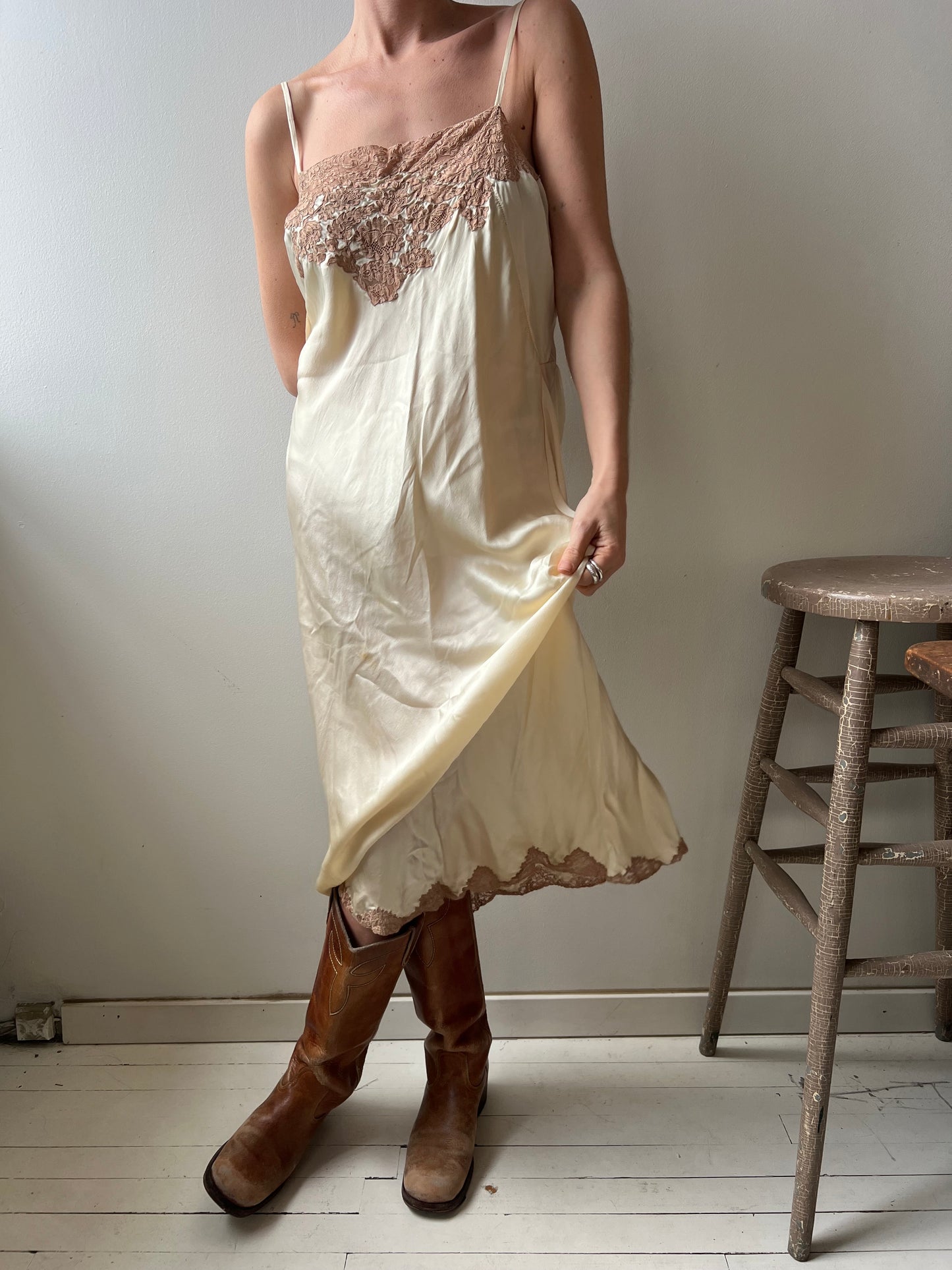 Cream and Tan Lace 1930s Silk Slip