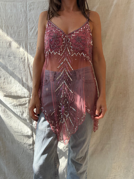 Pink Beaded Mesh Tank