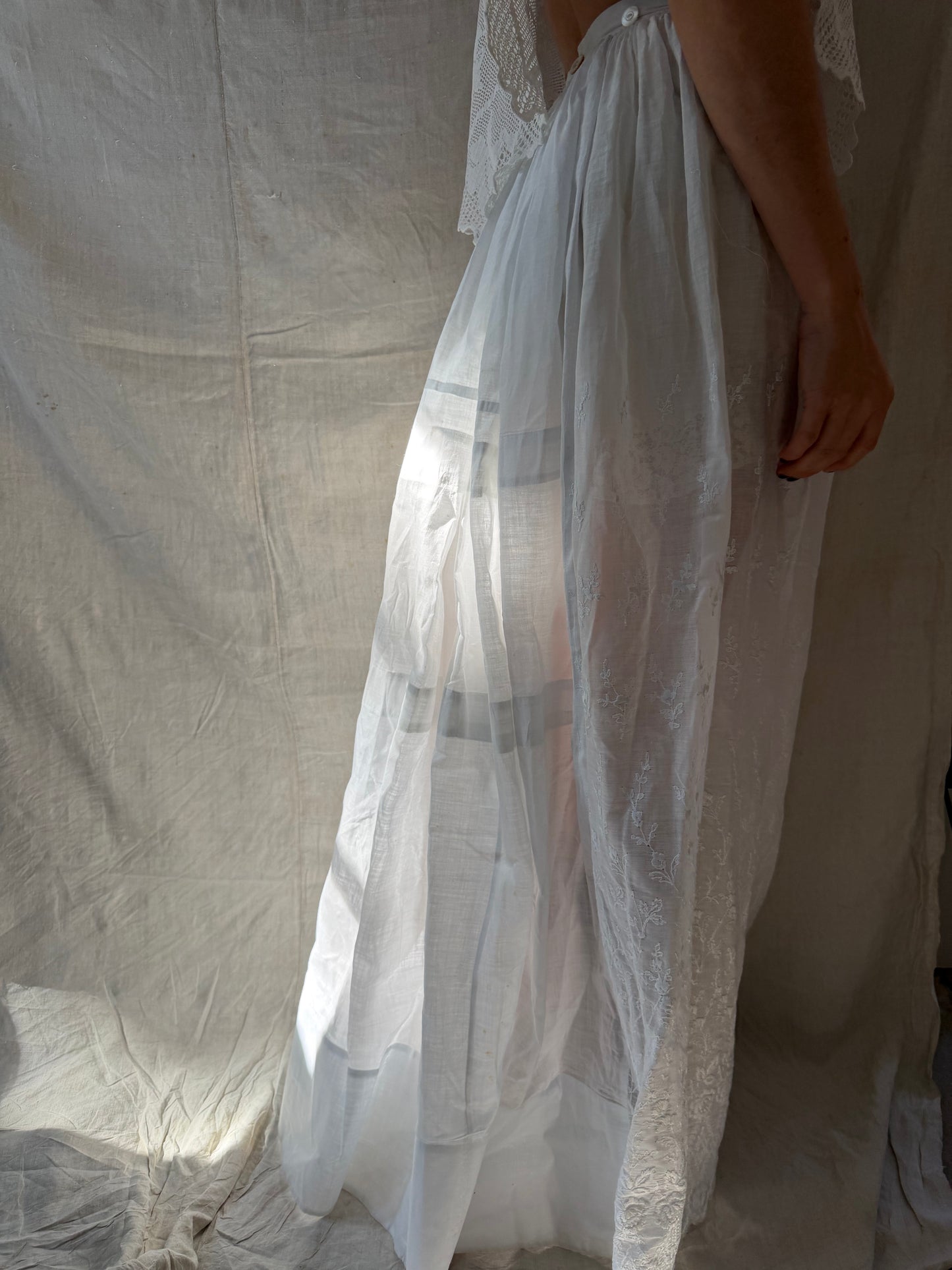 White Cotton Floral Embroidered Antique Long Skirt