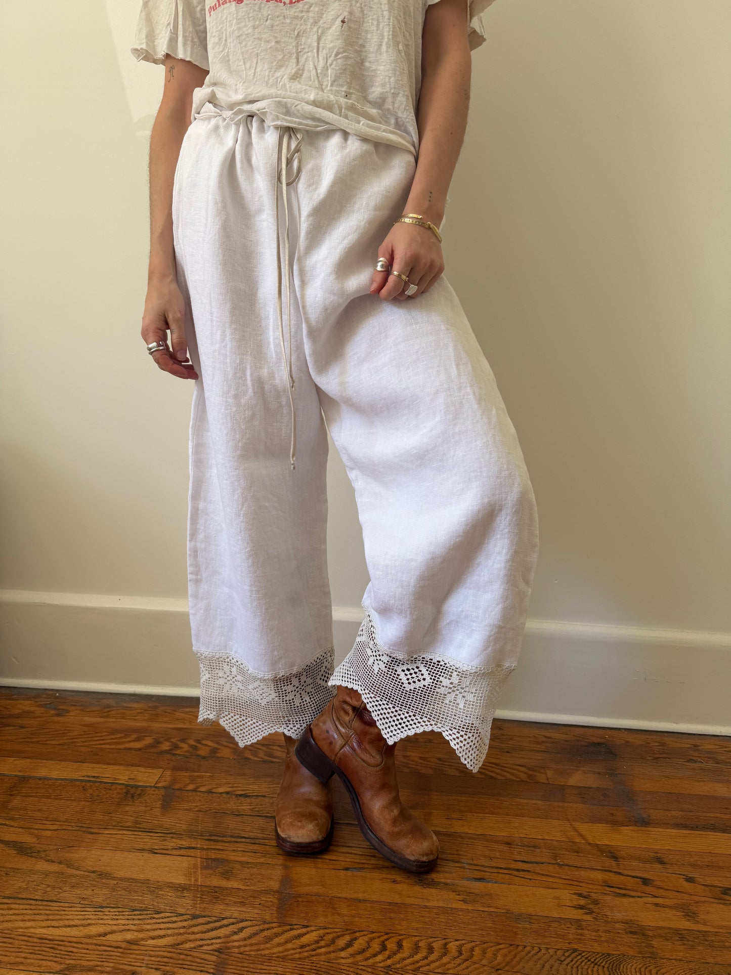 Reworked Linen Bloomer Pants With Antique Crochet Lace Trim