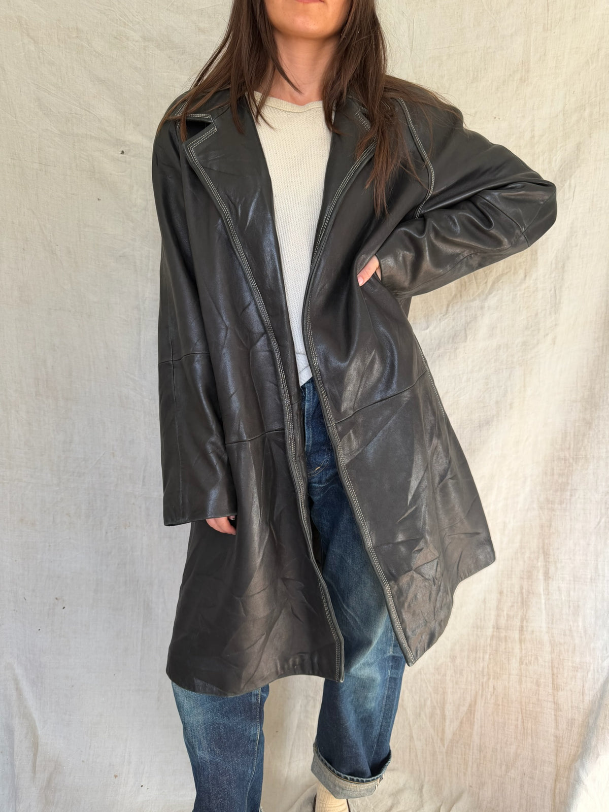Butter Soft Black Leather Drop Coat
