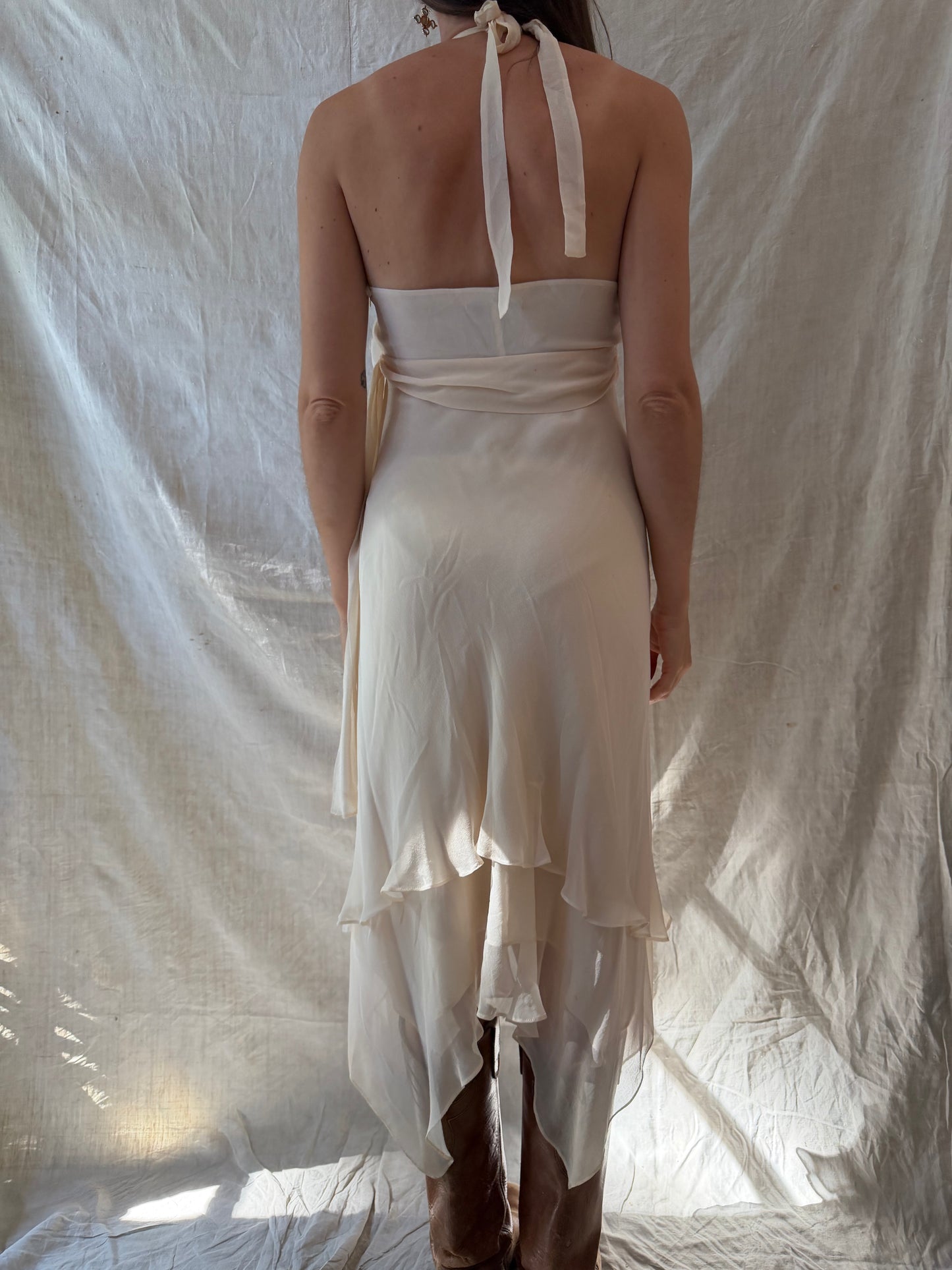 Ivory Silk Flowy Halter Dress